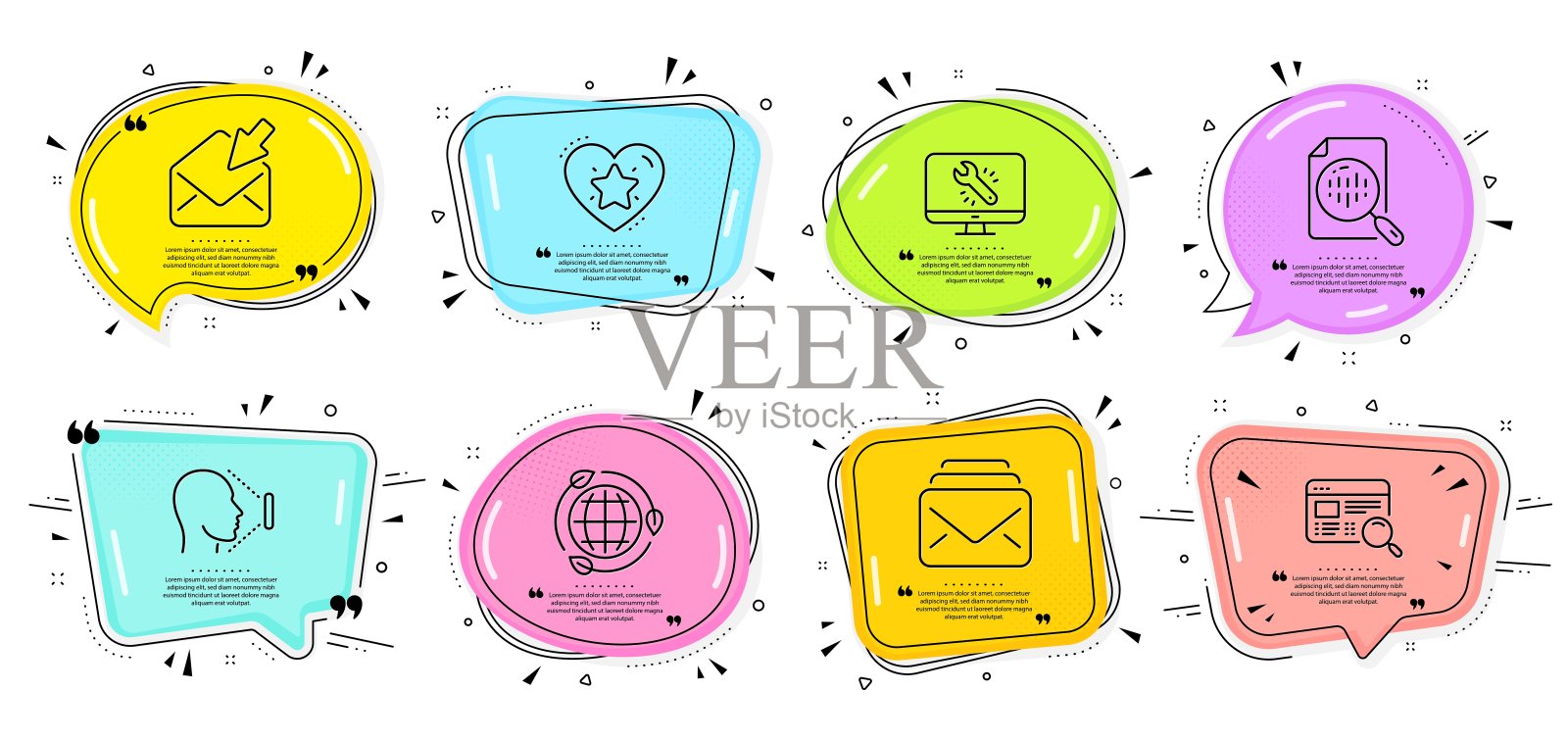 打开邮件，生态能源和网站搜索图标集。邮件，面部识别和排名星座。向量图标素材