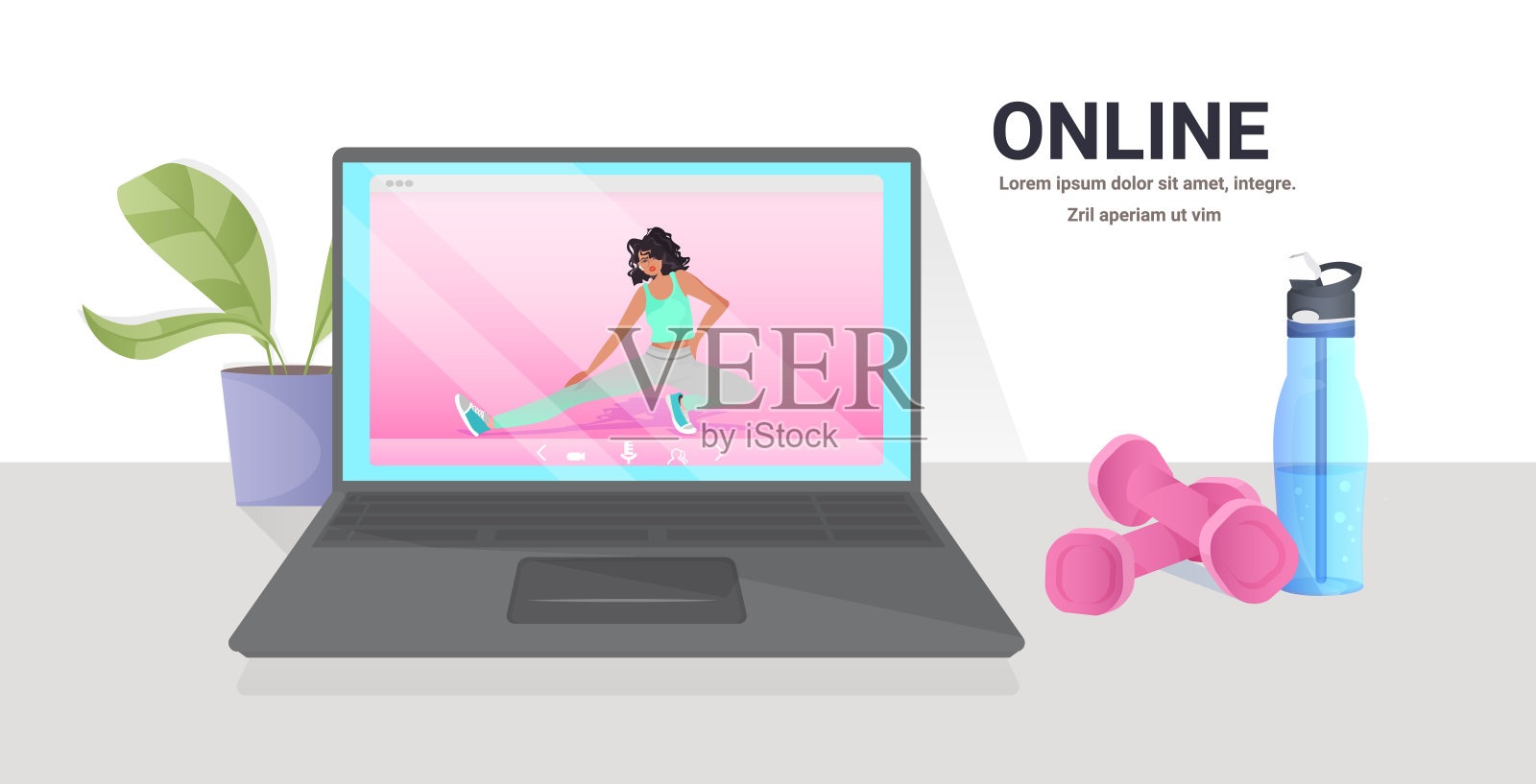 非裔美国妇女在笔记本电脑屏幕上做瑜伽健身练习，在线训练健康的生活方式插画图片素材