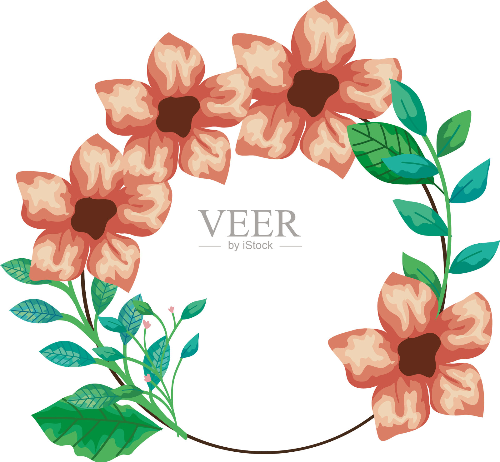 框架圆形可爱的花与树枝和设计元素图片