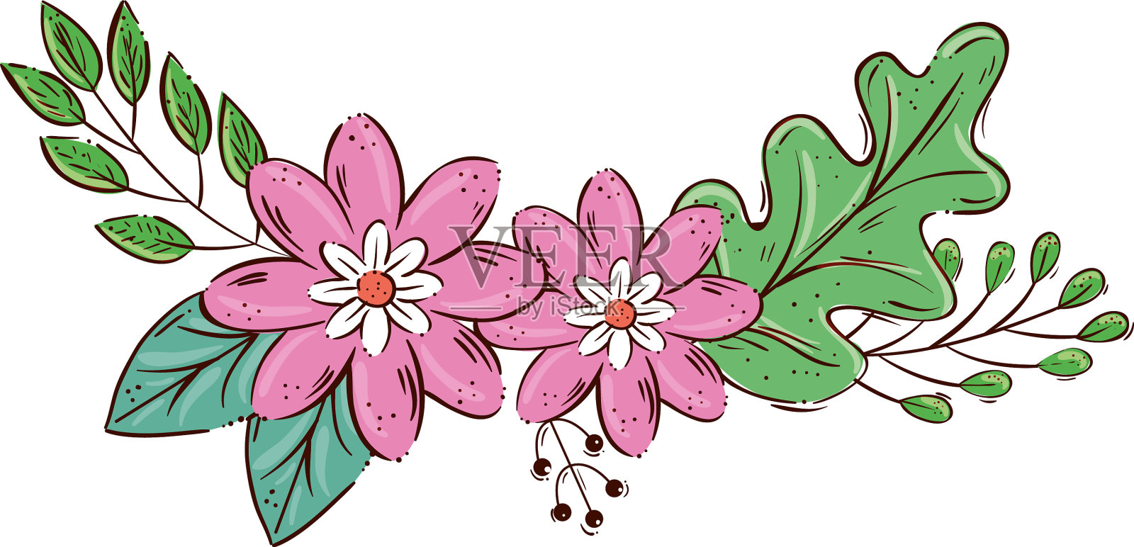 可爱的花朵粉红色，枝叶孤立设计元素图片