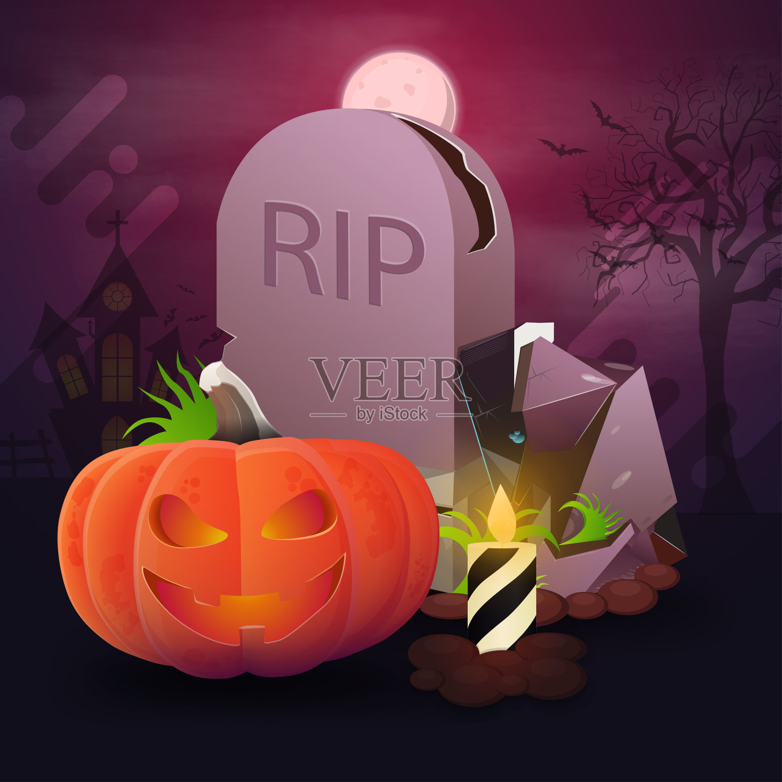 万圣节的明信片。墓碑和南瓜杰克映衬着满月下粉红色的风景插画图片素材
