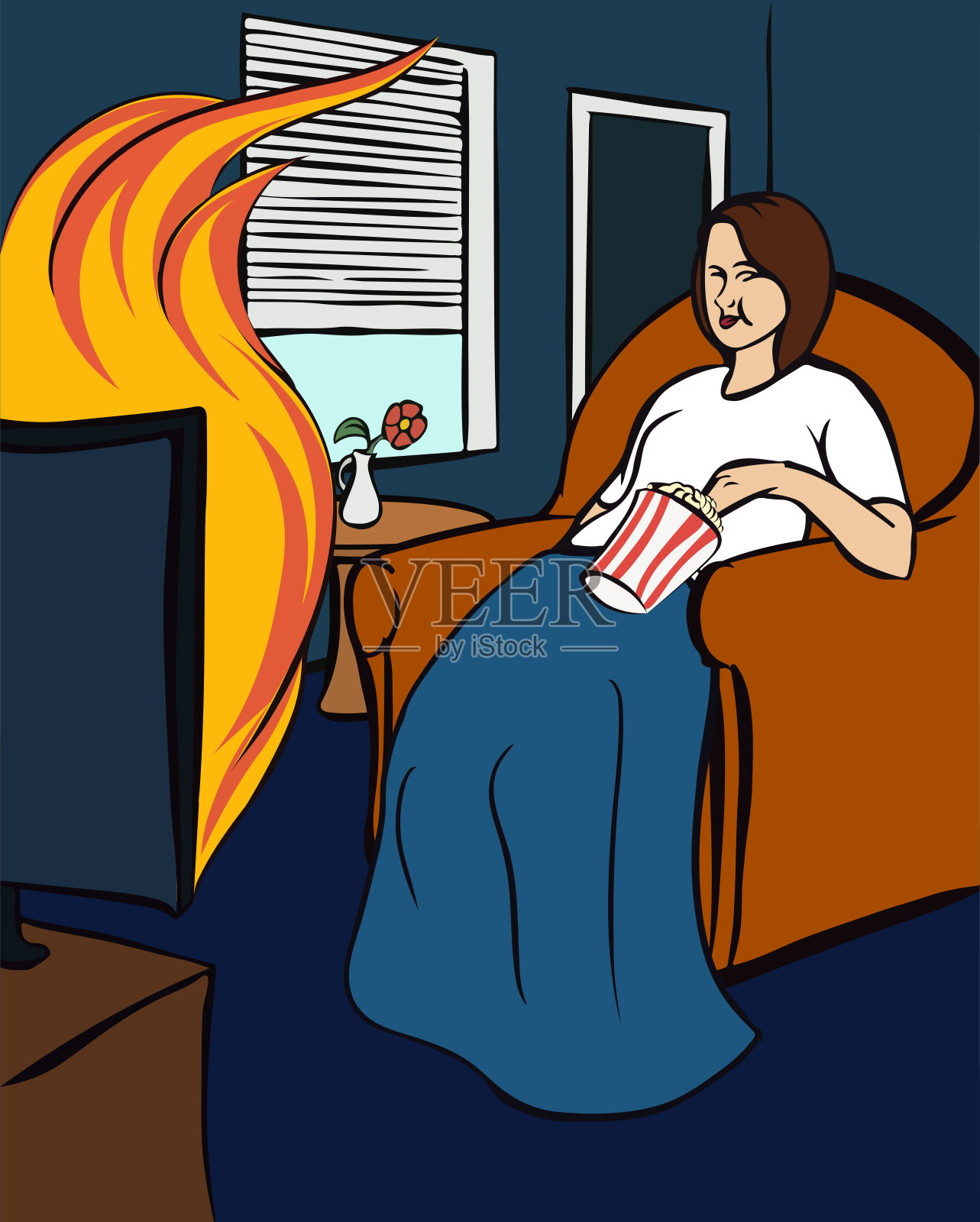 一个女人坐在房间里的扶手椅上看着火的电视插画图片素材