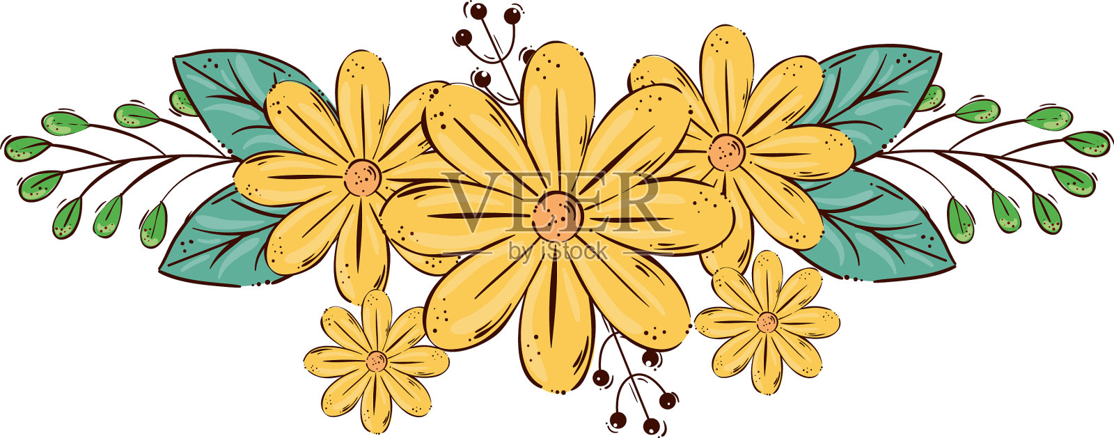 可爱的花朵，黄色的枝叶设计元素图片