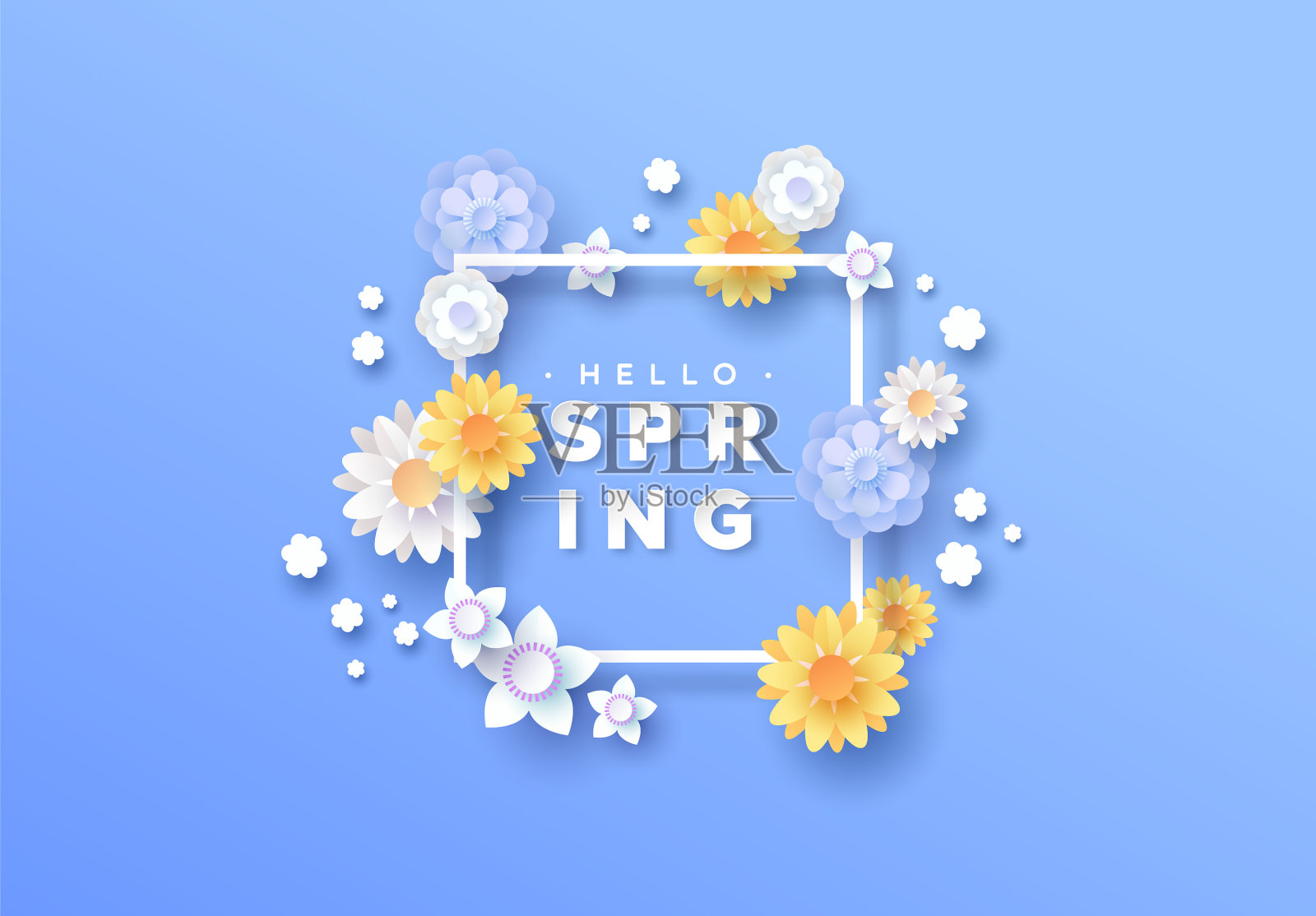 你好春天剪纸花框架背景插画图片素材