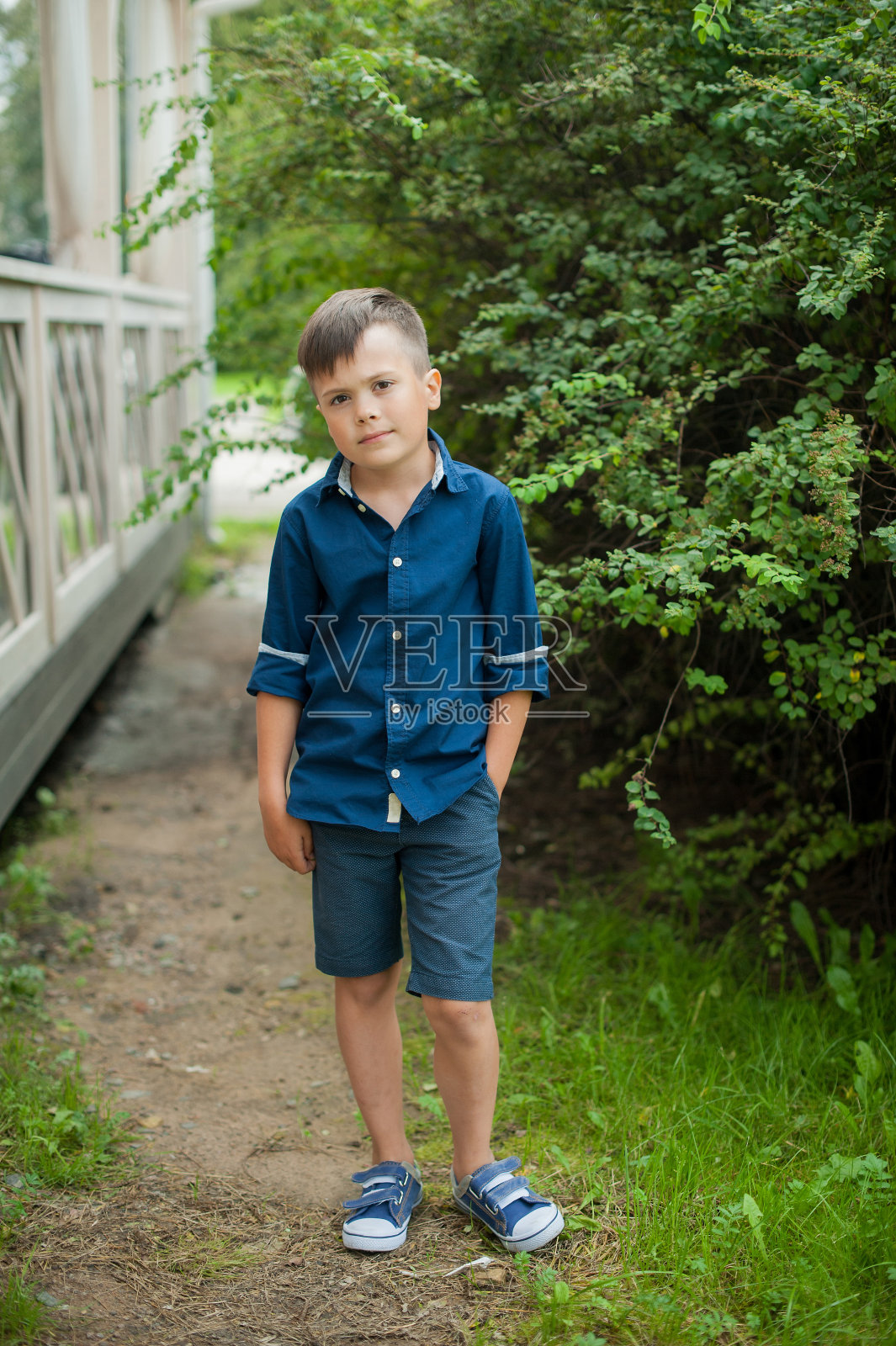 一个漂亮可爱的小男孩在夏天穿着蓝色的衬衫和黑色的短裤站在灌木丛旁边，看着相机。时尚的肖像，特写，垂直照片照片摄影图片