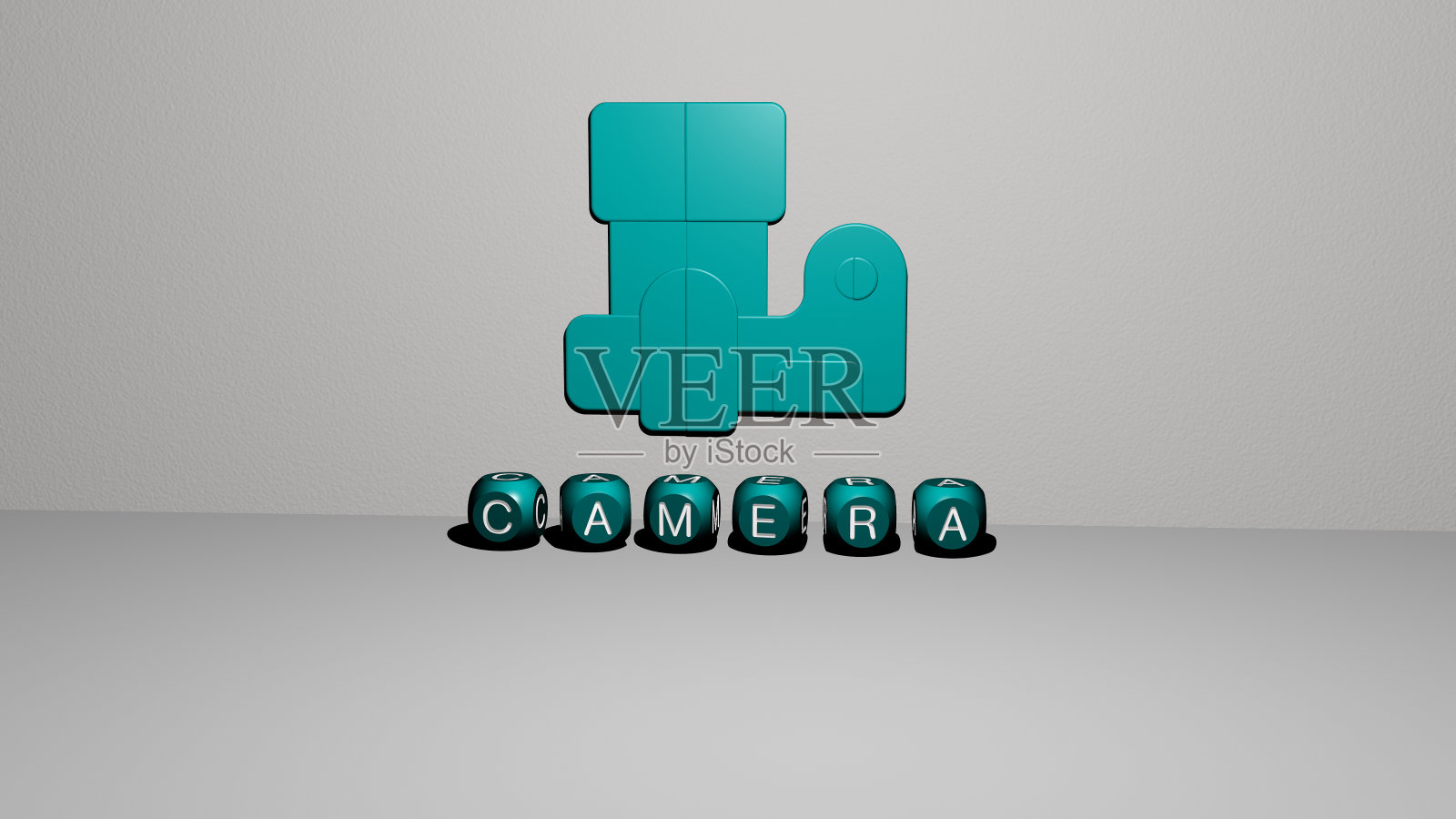 垂直相机的3D图形图像，以及由金属立方体字母从顶部视角构建的文本，非常适合概念演示和幻灯片。背景和美丽照片摄影图片