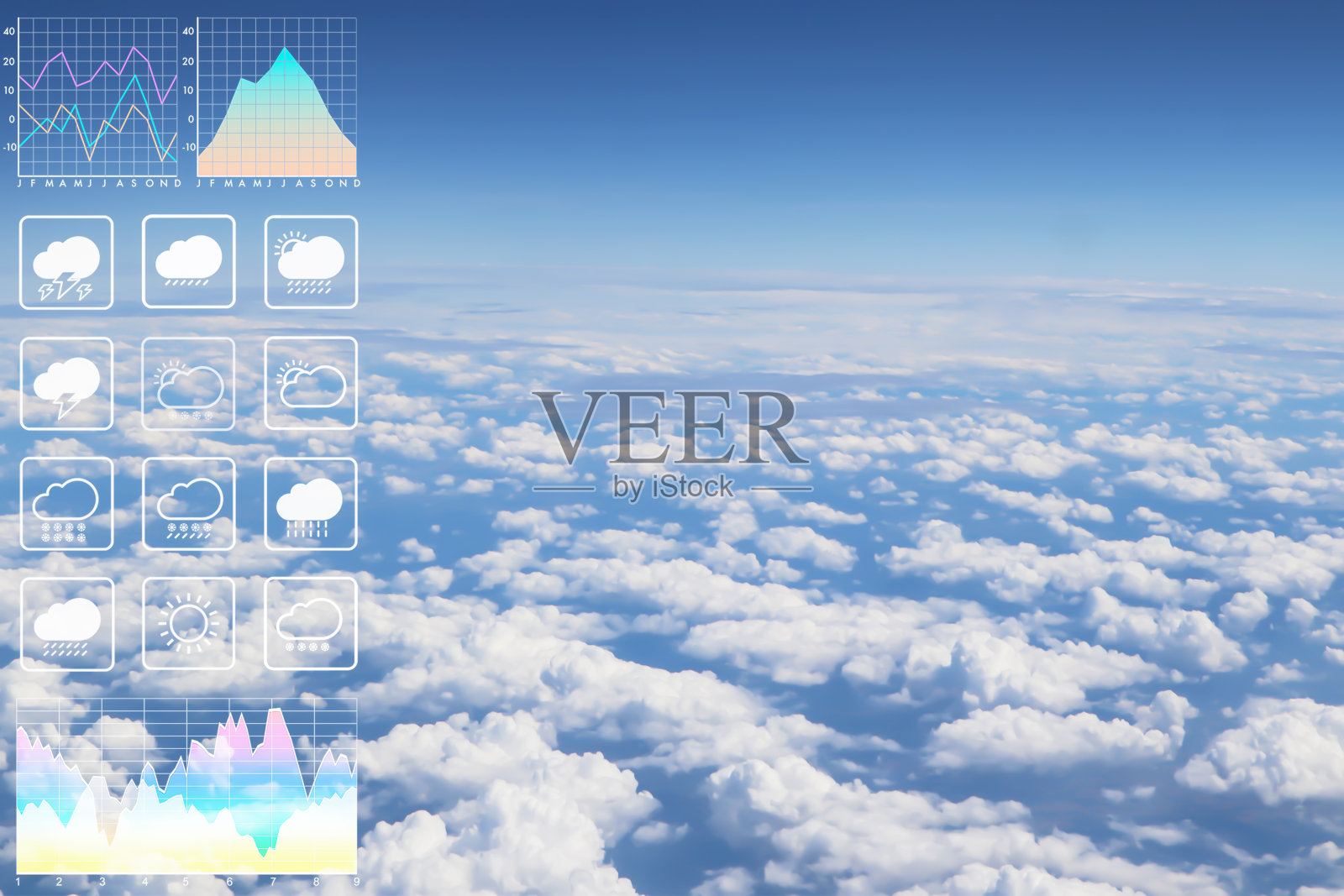 壮观的大气全景图像美丽的云景鸟瞰图从飞机与图形和图表演示气象预报背景。照片摄影图片