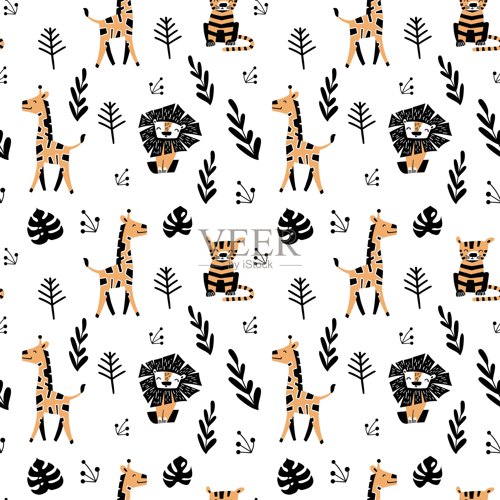 无缝图案与可爱的卡通动物插画图片素材