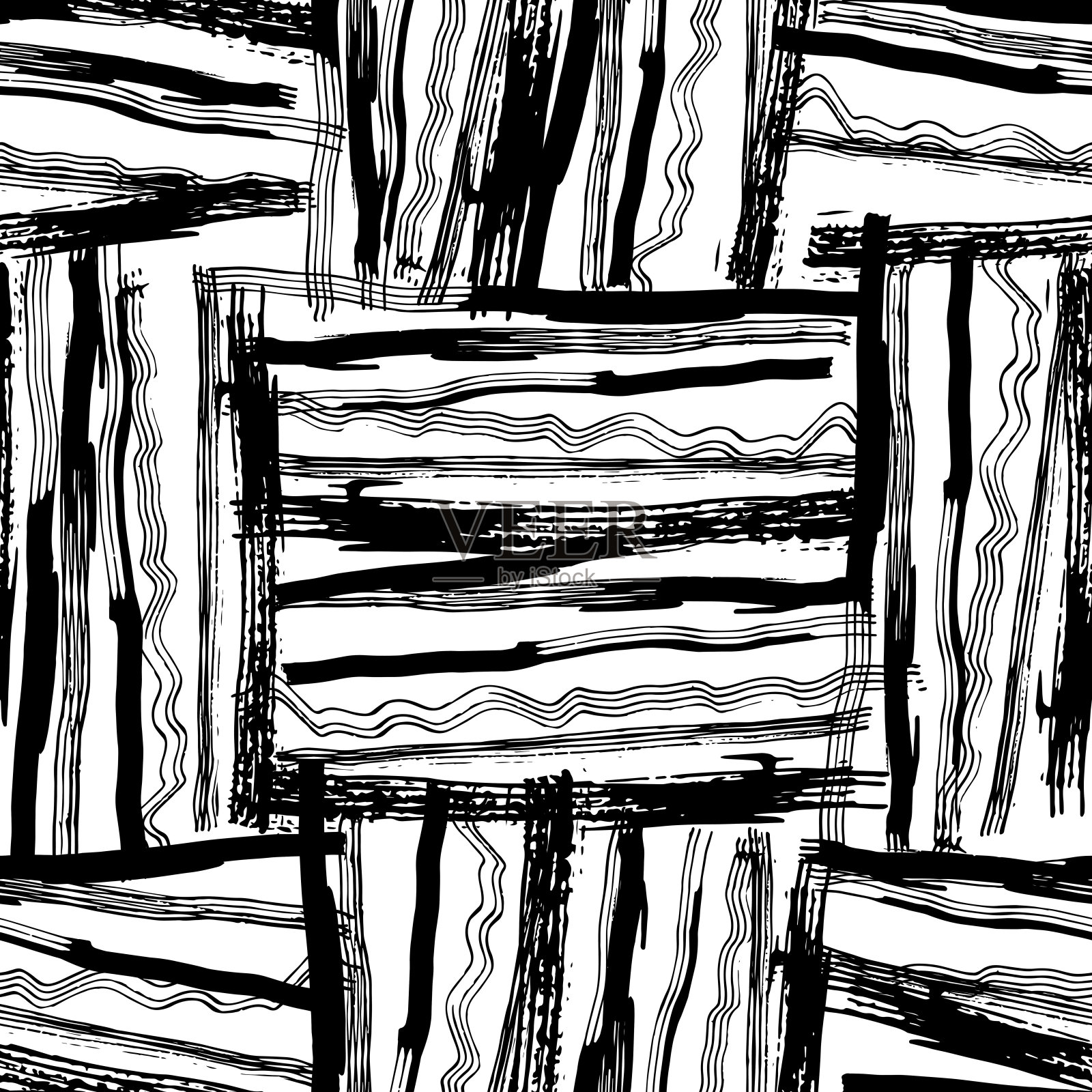 无缝图案白色黑色线条正方形笔触设计抽象简单的斯堪的纳维亚风格背景垃圾纹理。本季潮流。可用于礼品包装面料，壁纸。向量插画图片素材