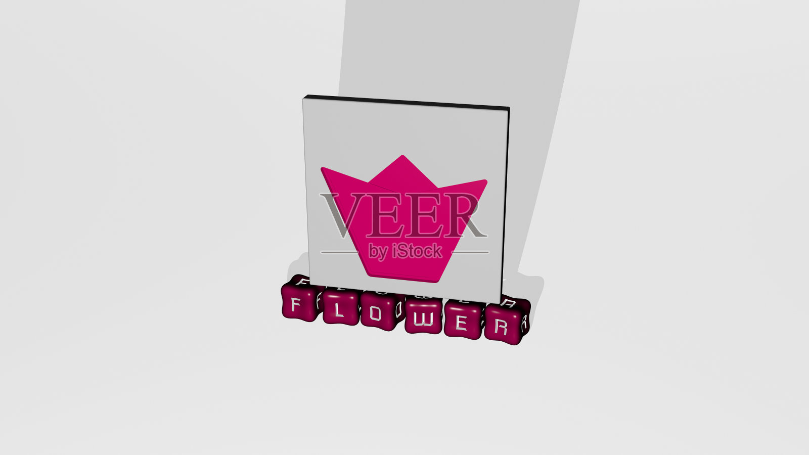 三维插图的花图形和文字制作由金属骰子字母的相关含义的概念和表示。背景和美丽照片摄影图片