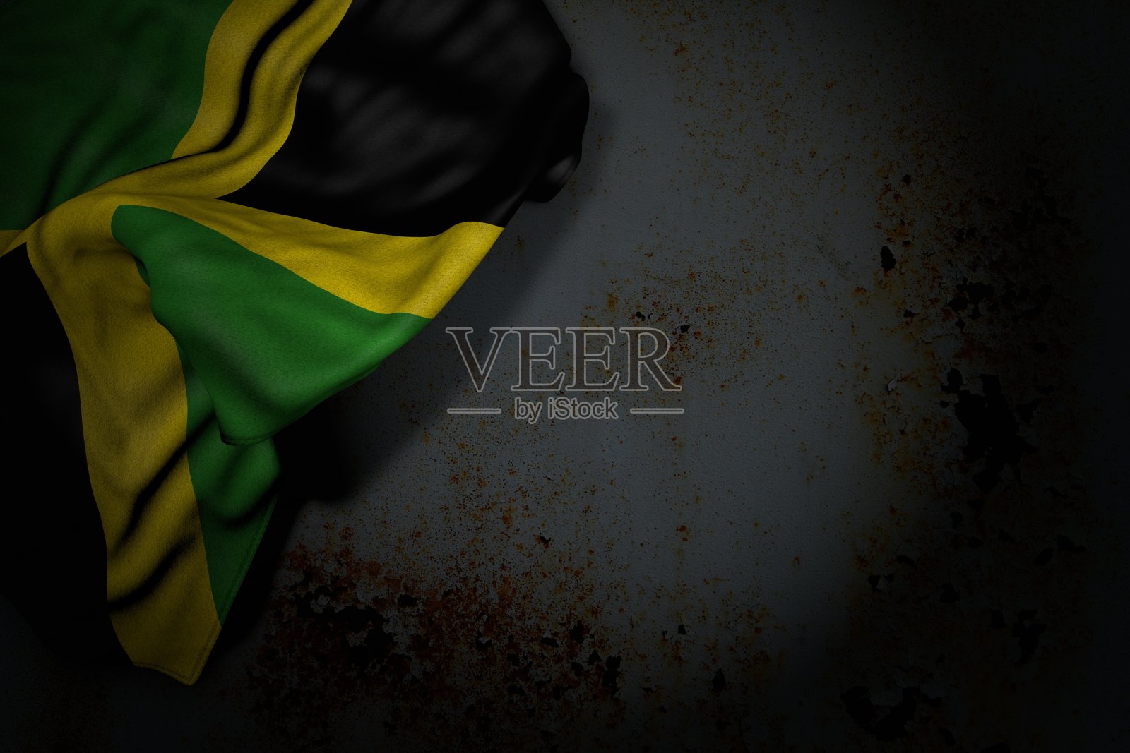 精彩的任何节日旗帜3d插图  -牙买加国旗与大折叠生锈的金属与空白的文字的黑暗插图照片摄影图片