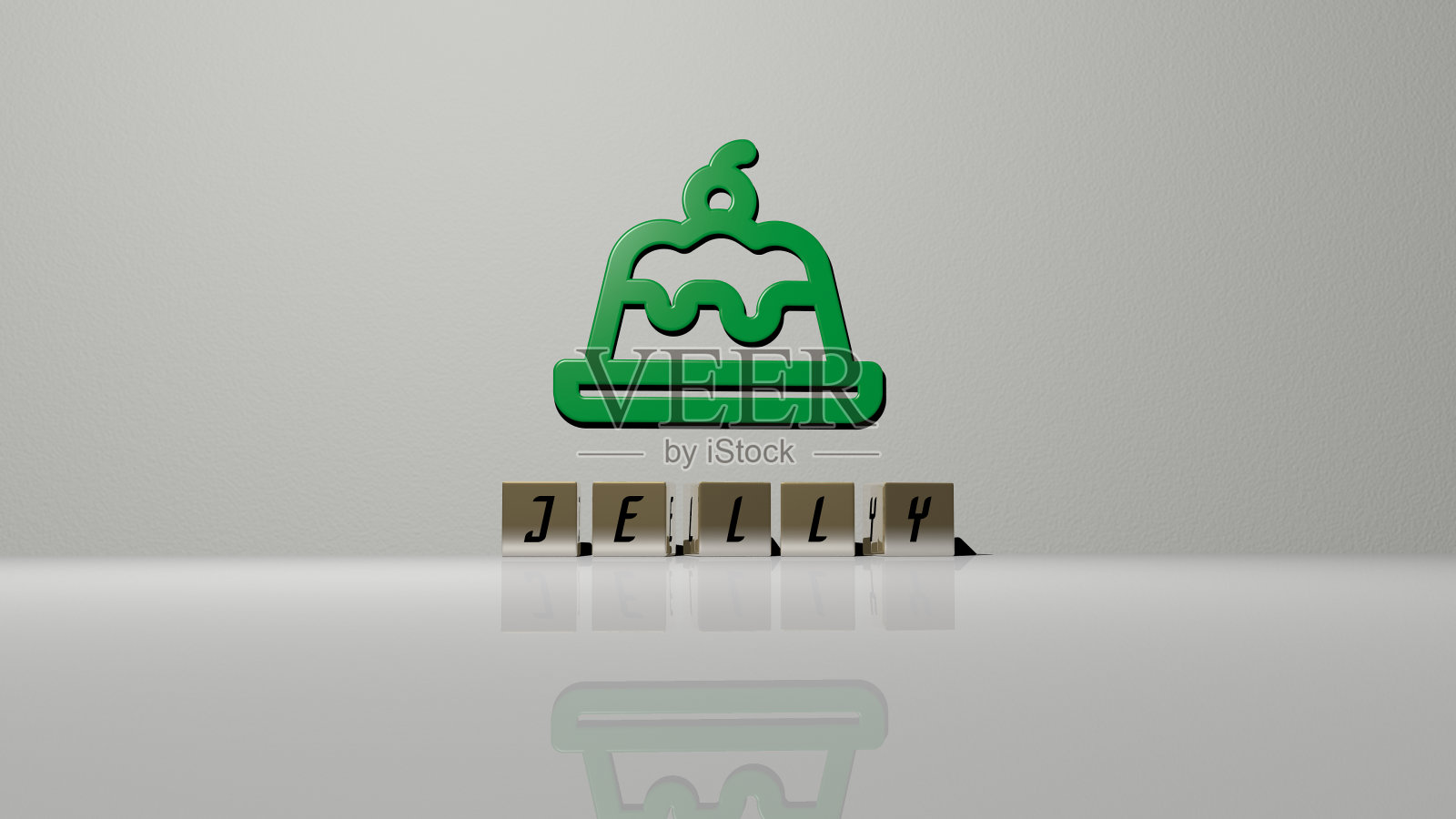 果冻的3D表现与图标在墙上和文本安排由金属立方体字母在镜子地板上的概念含义和幻灯片演示。背景和丰富多彩的照片摄影图片