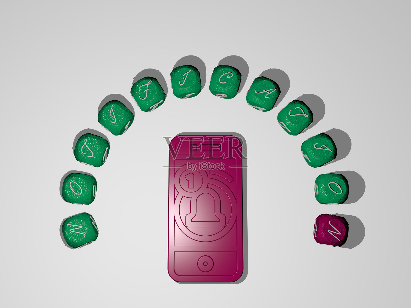 3D表示的通知与图标在墙上和文本安排由金属立方体字母在镜子地板上的概念含义和幻灯片演示。插图和背景照片摄影图片