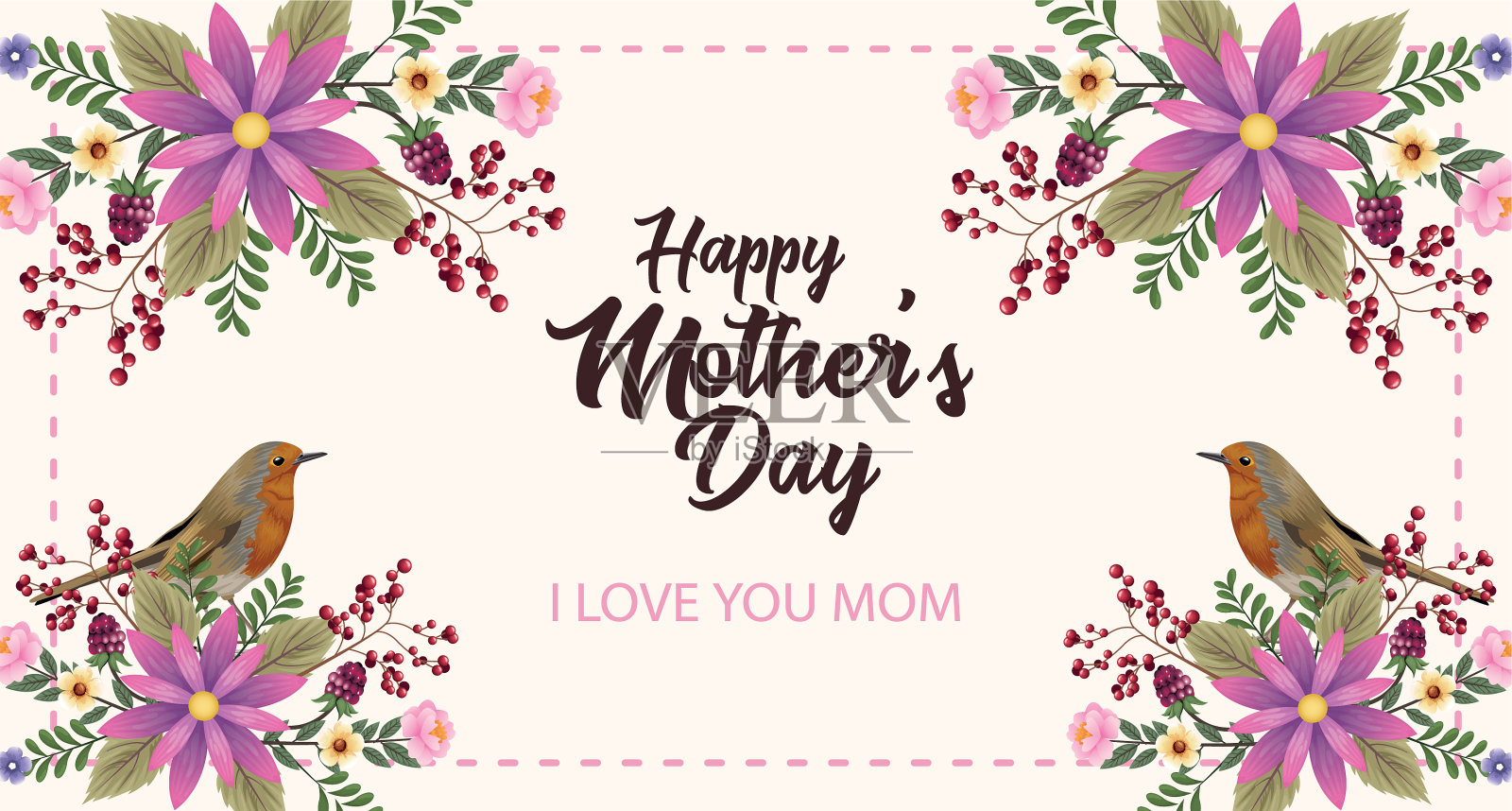 带鲜花和小鸟的母亲节贺卡插画图片素材