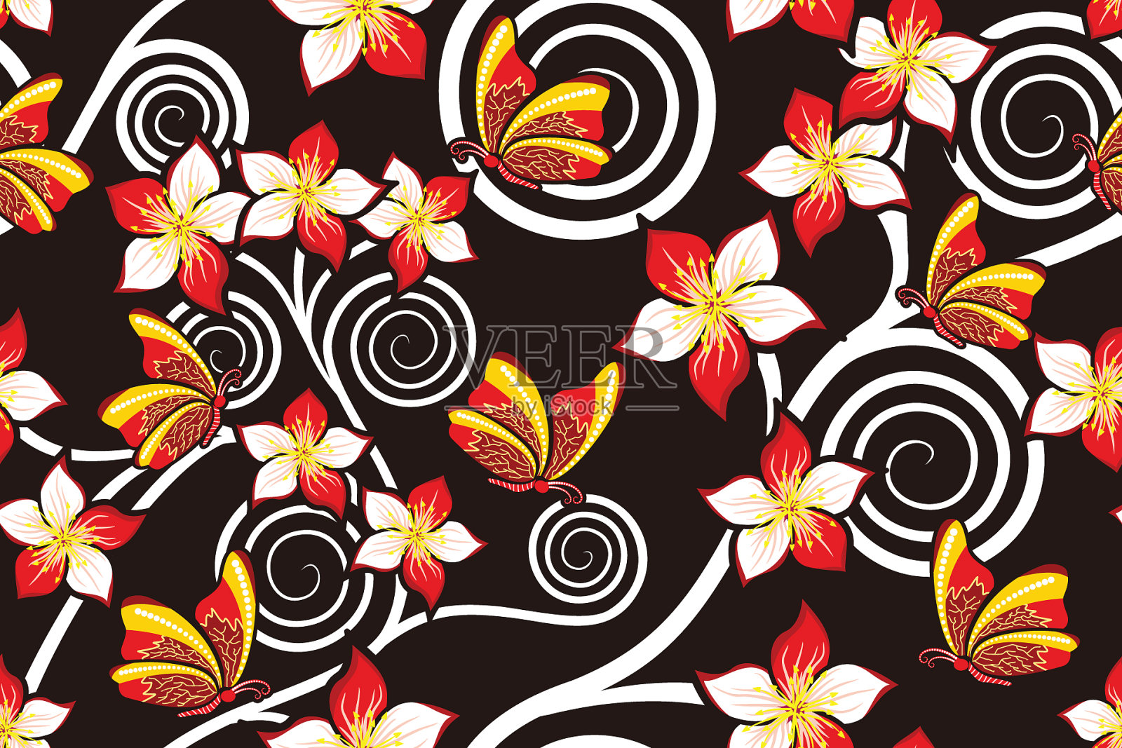 无缝图案花传统蜡染图案插画图片素材