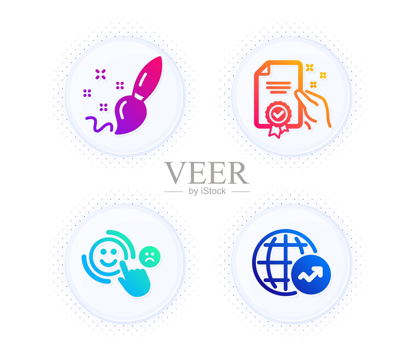 油漆刷，客户满意和证书图标集。世界统计的迹象。向量图标素材