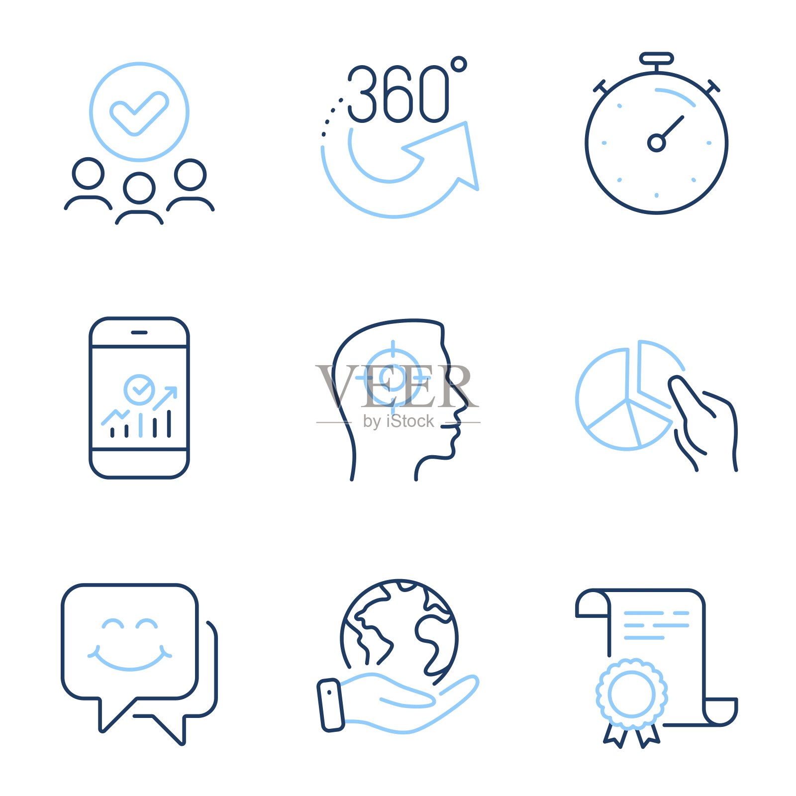 360度，定时器和智能手机统计图标设置。招聘，笑脸和饼图标志。向量图标素材