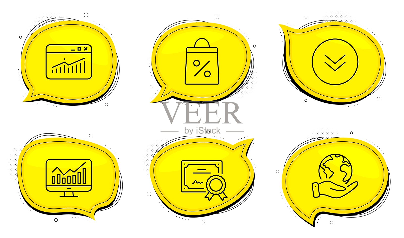 网站统计，统计和向下滚动图标设置。购物袋的迹象。向量图标素材