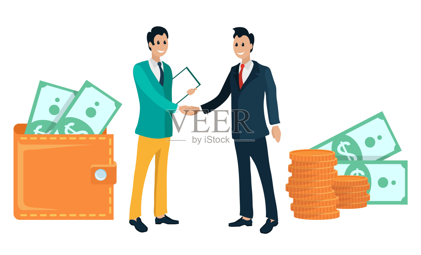 商业伙伴握手和钱包与钱插画图片素材
