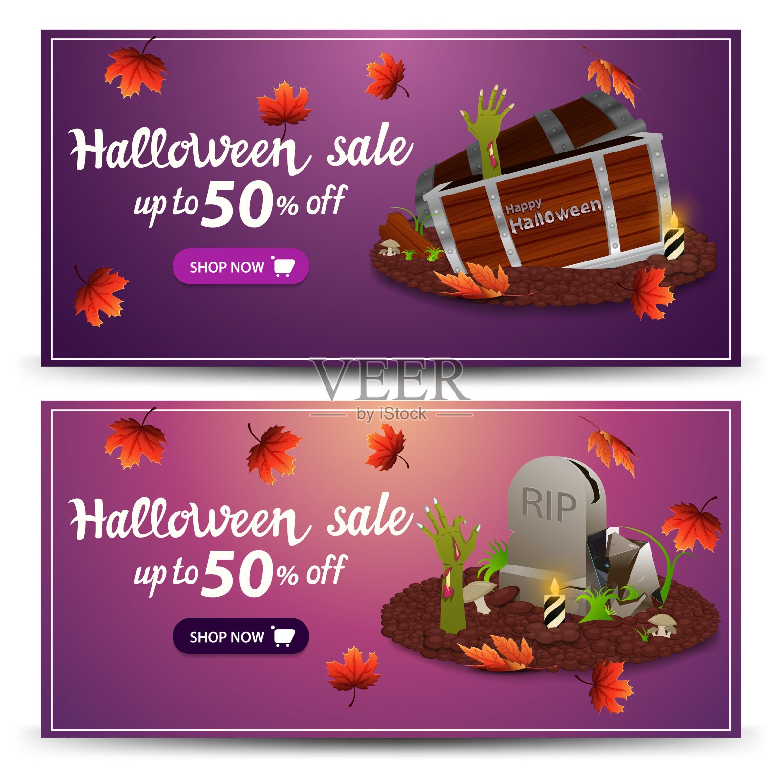 设置万圣节折扣横幅，高达50%的折扣。粉色和紫色的折扣横幅为您的业务插画图片素材