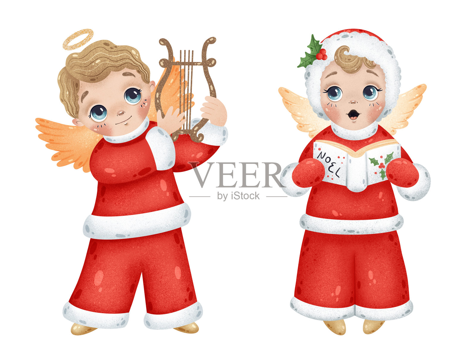 可爱的卡通圣诞天使男孩演奏竖琴和唱诺埃尔设计元素图片