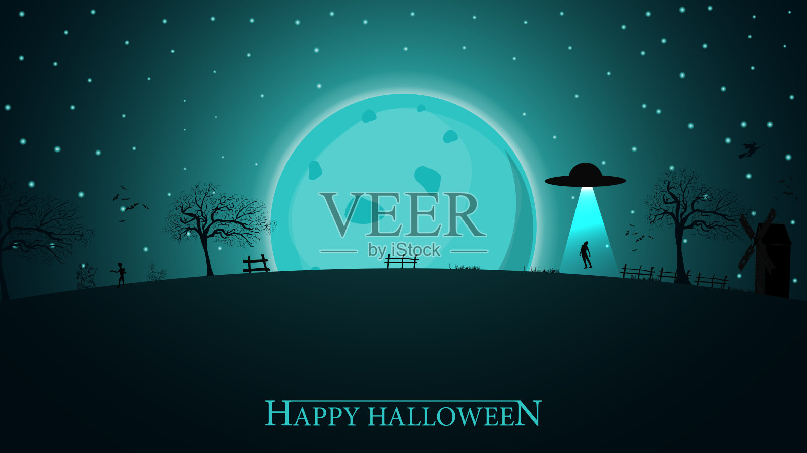 万圣节的背景。万圣节夜晚的景观，大蓝月亮和外星船设计模板素材