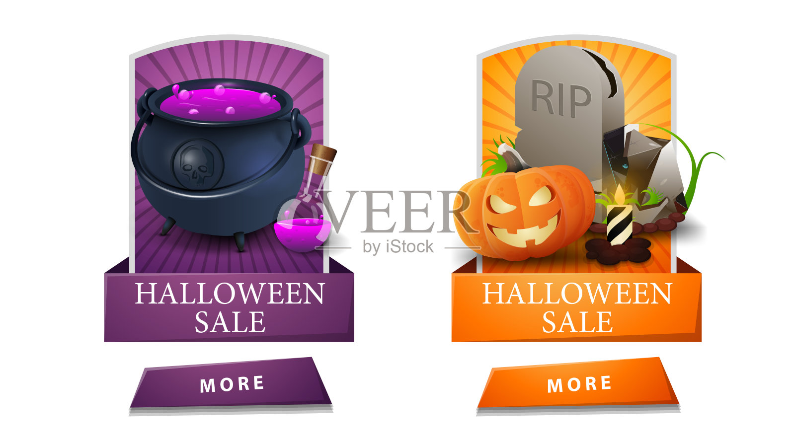 万圣节促销，两个折扣垂直横幅与按钮，女巫的坩埚与药水，墓碑和南瓜杰克。紫色和橙色的折扣横幅为您的艺术设计元素图片