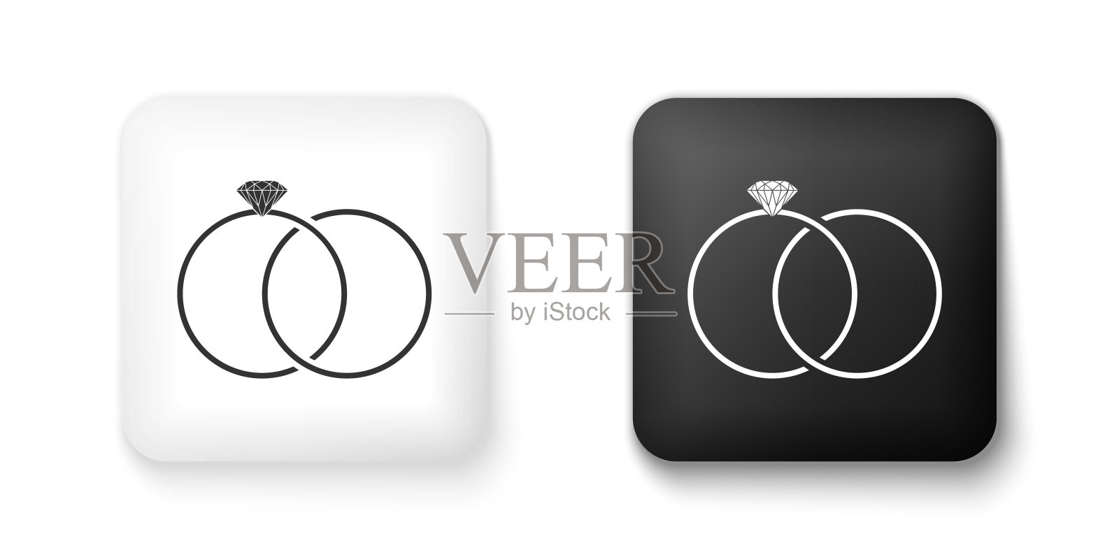 黑白结婚戒指图标孤立在白色背景。新娘和新郎的珠宝标志。婚姻图标。钻石戒指。方形按钮。向量图标素材