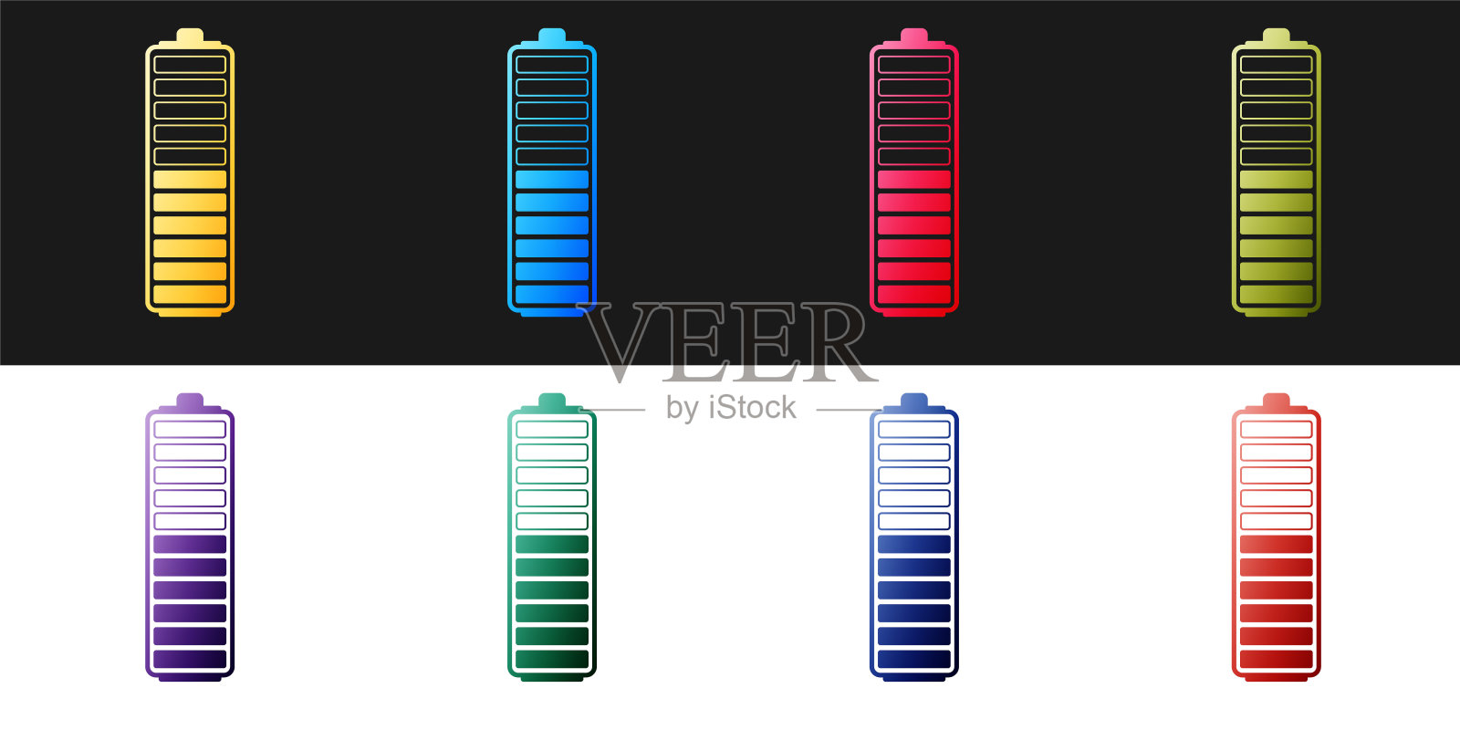 设置电池充电水平指示灯图标隔离在黑色和白色背景。电池充电-电源标志。电力符号-能源符号。向量图标素材