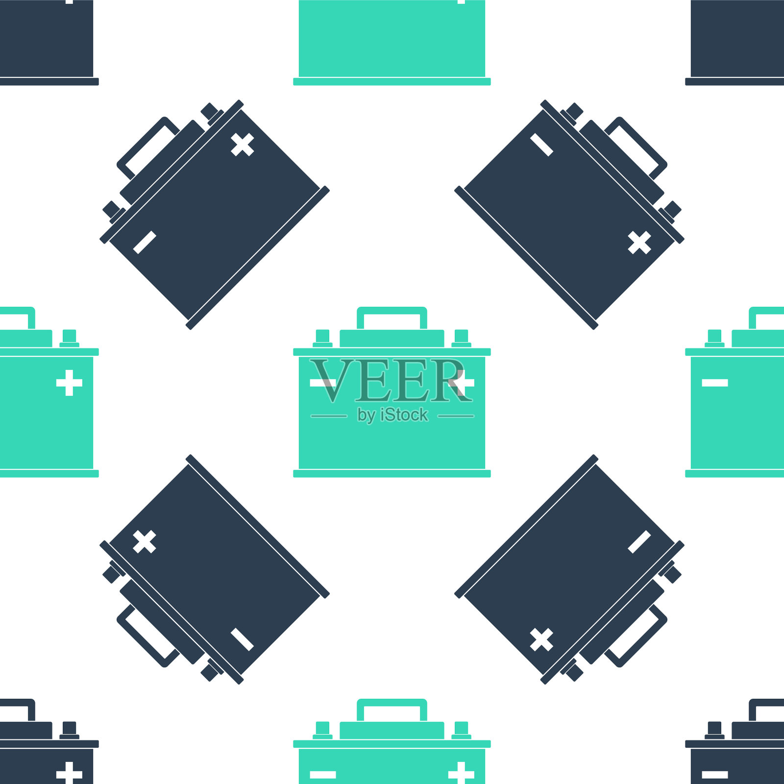 绿色汽车电池图标孤立无缝模式上的白色背景。蓄能器蓄电池能量动力和电能蓄能器蓄电池。向量插画图片素材