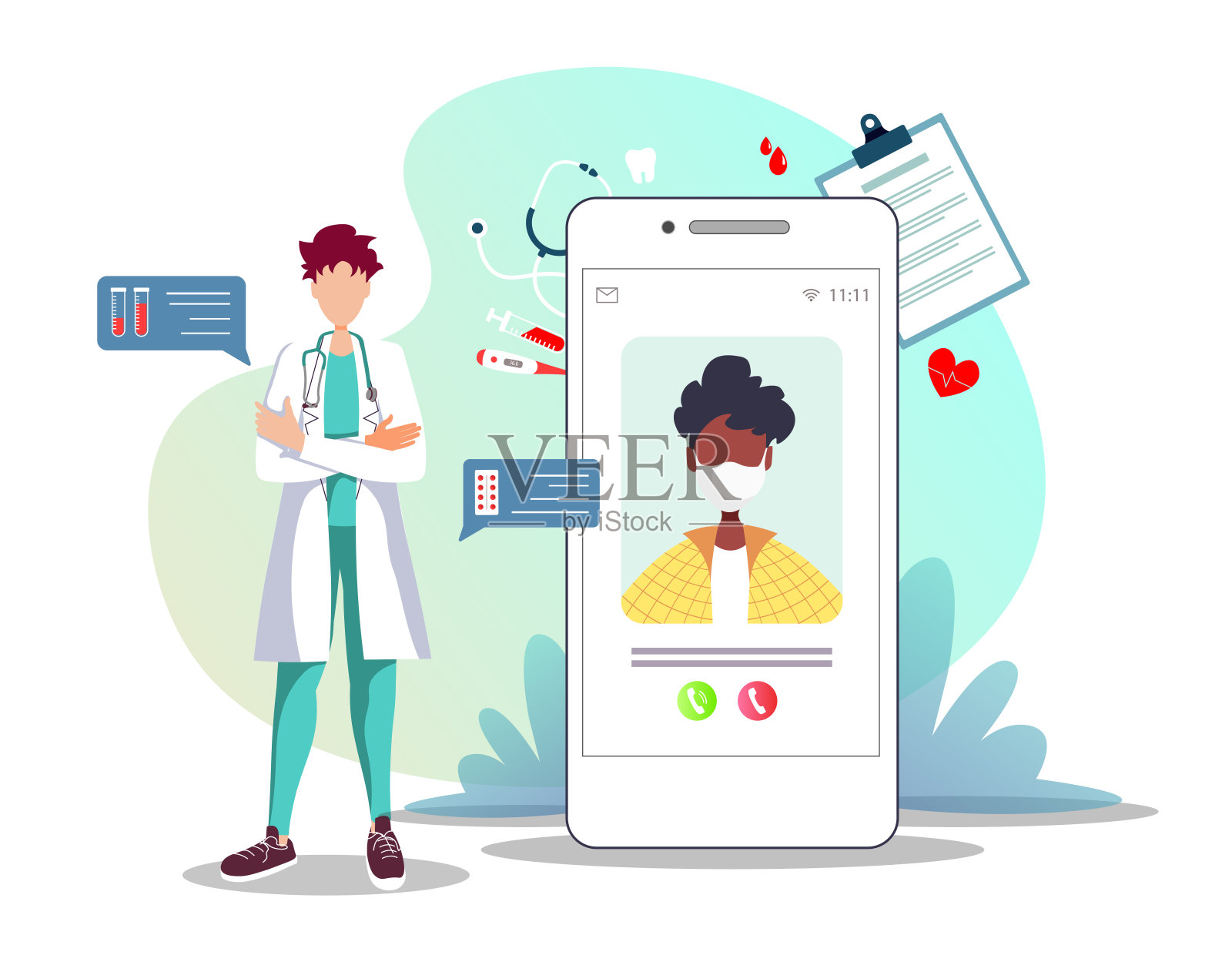 医生和病人在屏幕上打电话。医疗咨询、在线医生、远程医疗、医疗诊所和保健理念。插画图片素材