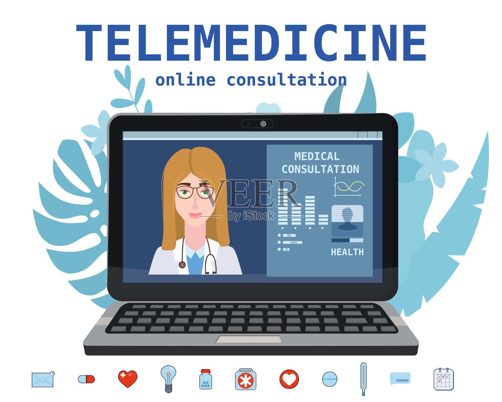 远程医疗笔记本电脑概念字符医生咨询诊断通过互联网。在线医生服务。矢量图分离插画图片素材