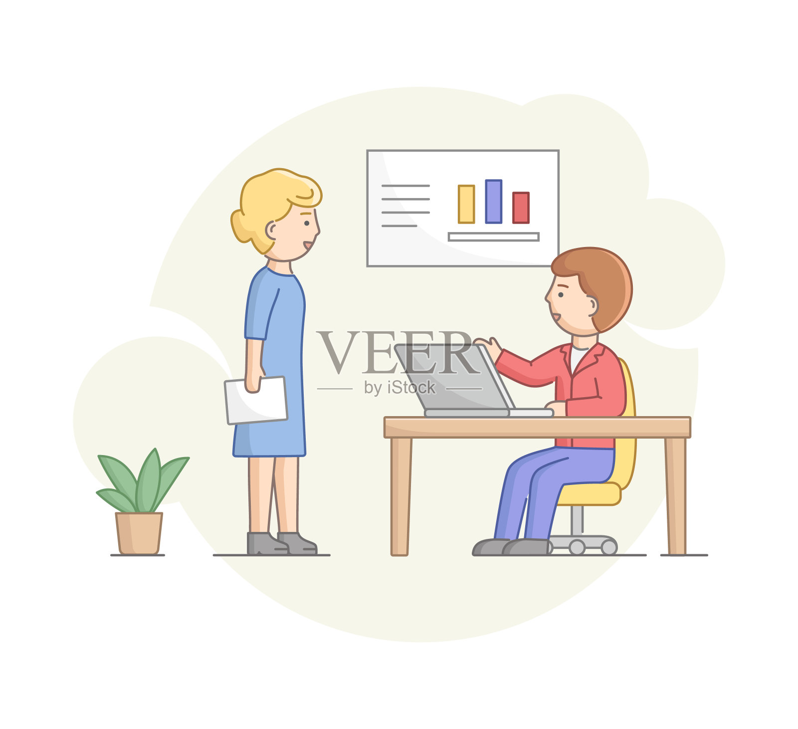 创意和团队合作理念。商务人士在办公室一起开发和工作项目或创业。人在笔记本电脑上工作。老板和员工。卡通线性轮廓平面矢量插图插画图片素材