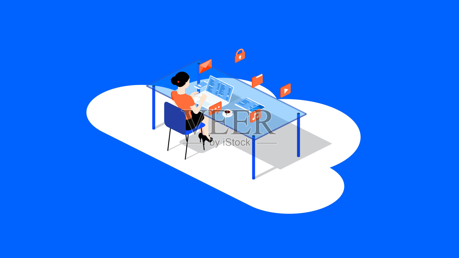 一位女性坐在桌边，通过云服务与团队一起工作。概念等距矢量图插画图片素材