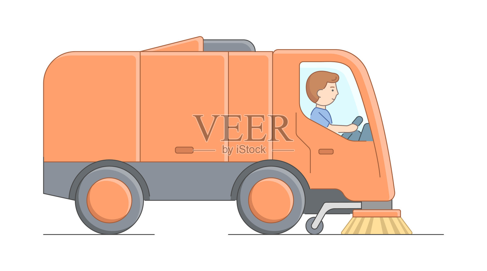 城市服务与环境保护理念。工人，清洁工，卡车司机在工作。男人清扫城市街道。城市街道清洁过程。卡通线性轮廓扁平风格。矢量图插画图片素材