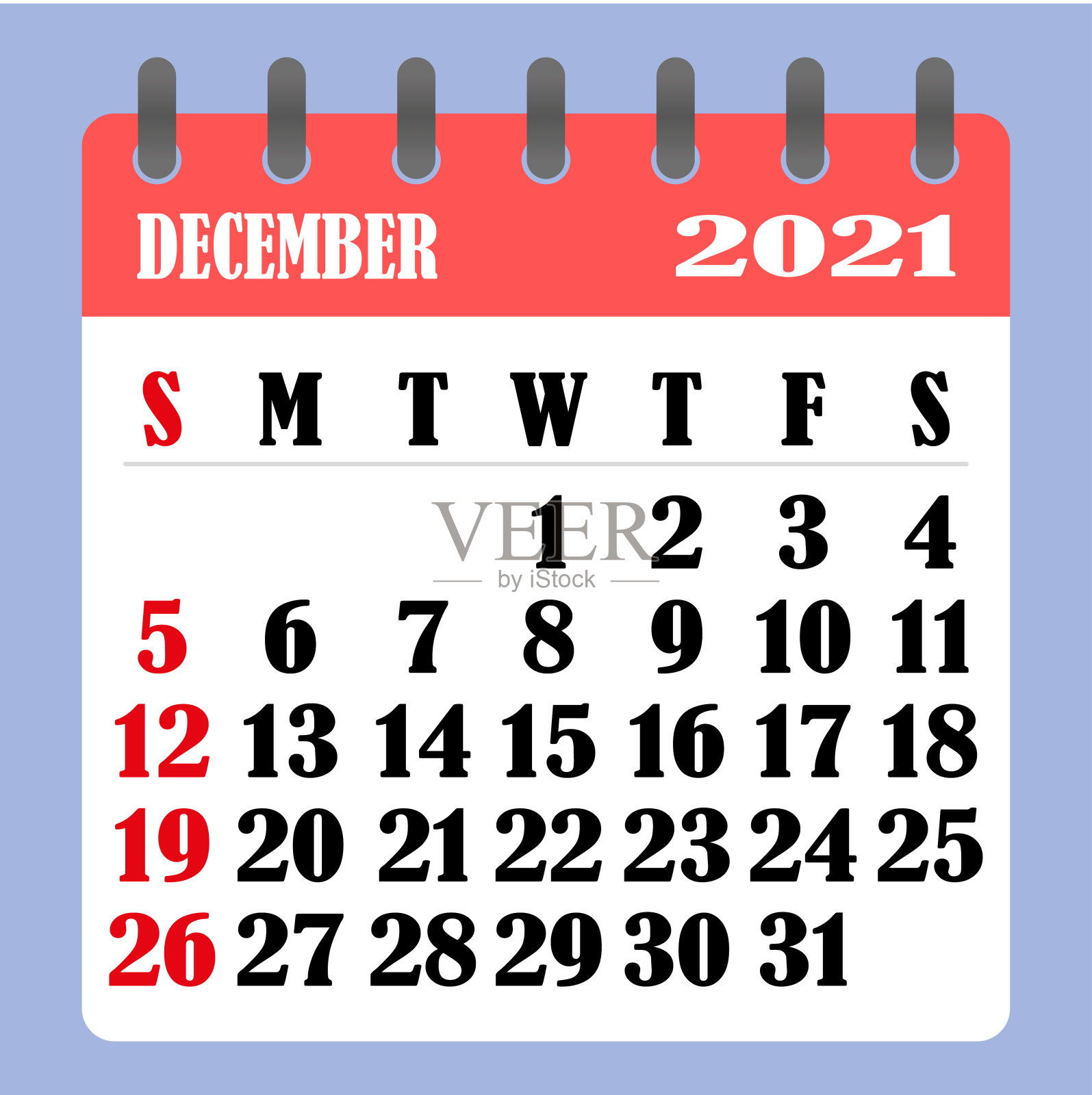 2021年12月的信件日历。一周从星期天开始。时间、计划和进度概念。平面设计。可移动的日历为一个月。向量设计模板素材