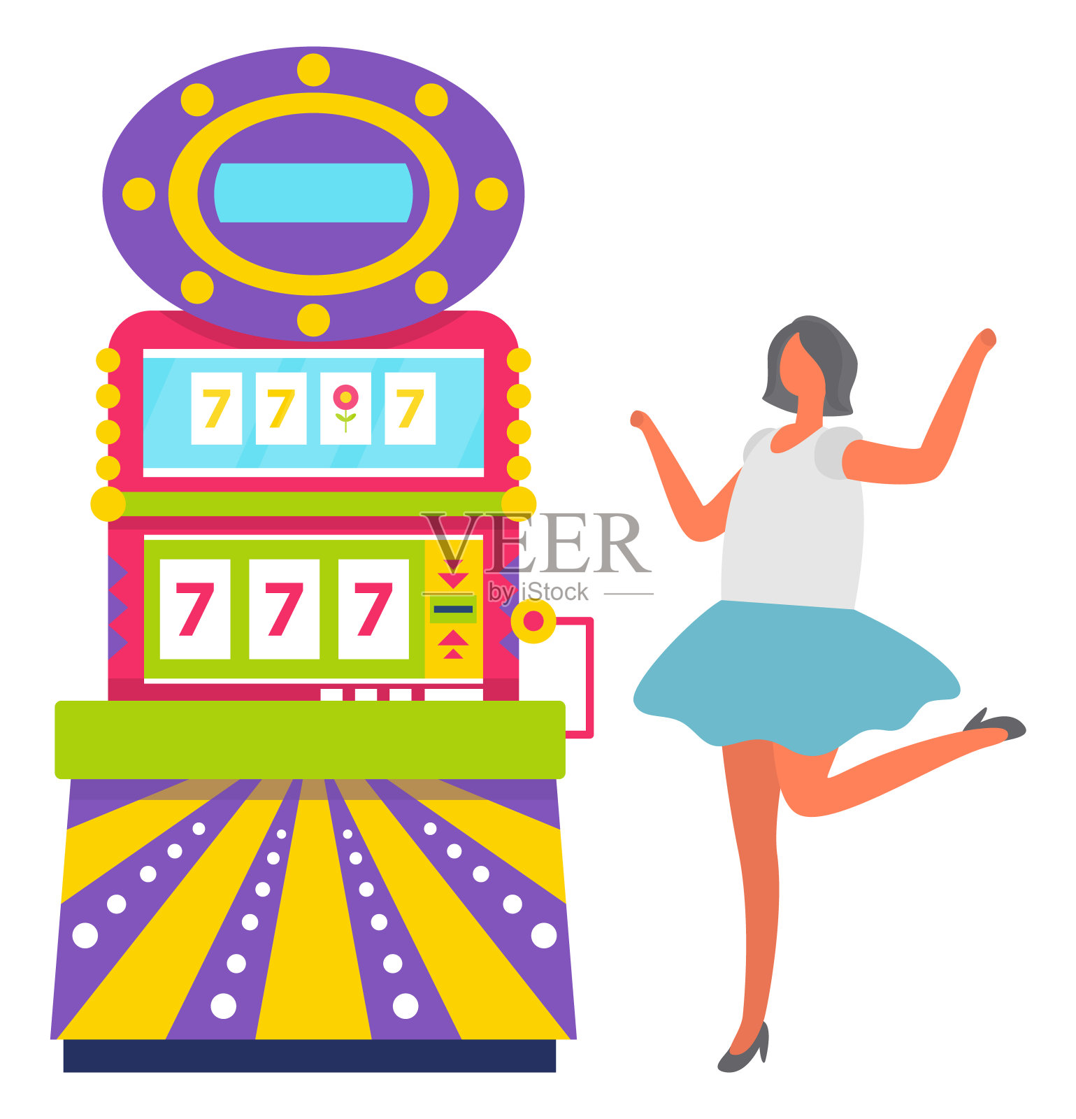 穿蓝裙子的女孩玩老虎机向量插画图片素材