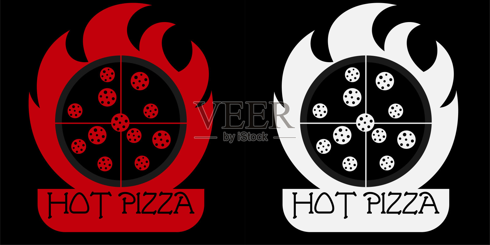 艺术黑色最小热披萨标志黑白和黑红插画图片素材