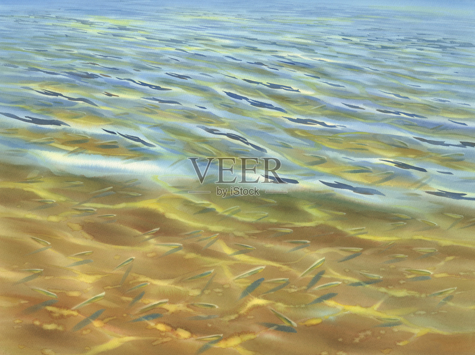 阳光明媚的水与透明的波浪水彩背景插画图片素材