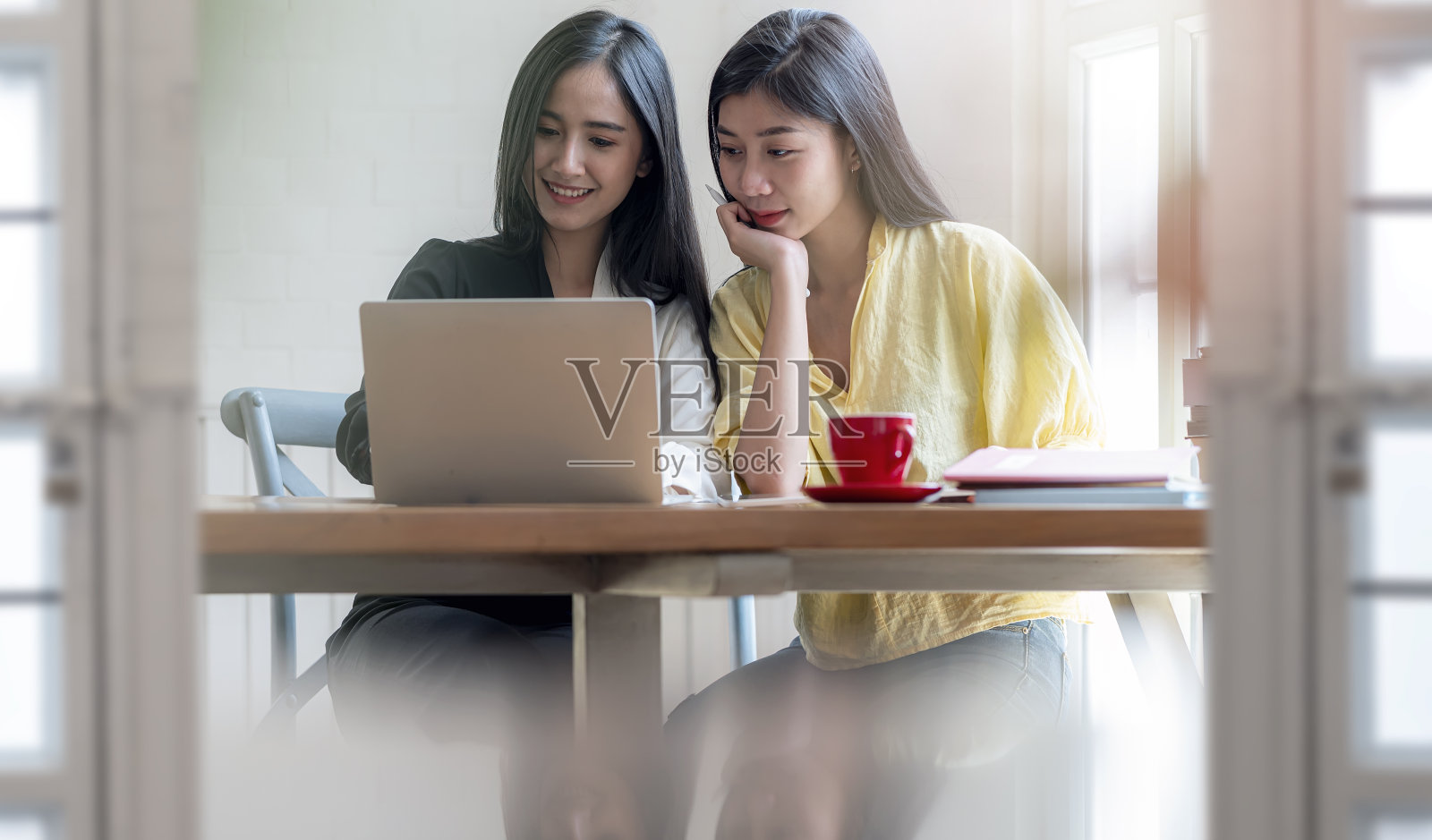 两个年轻迷人的女人一起坐在现代家庭的客厅里使用笔记本电脑。照片摄影图片