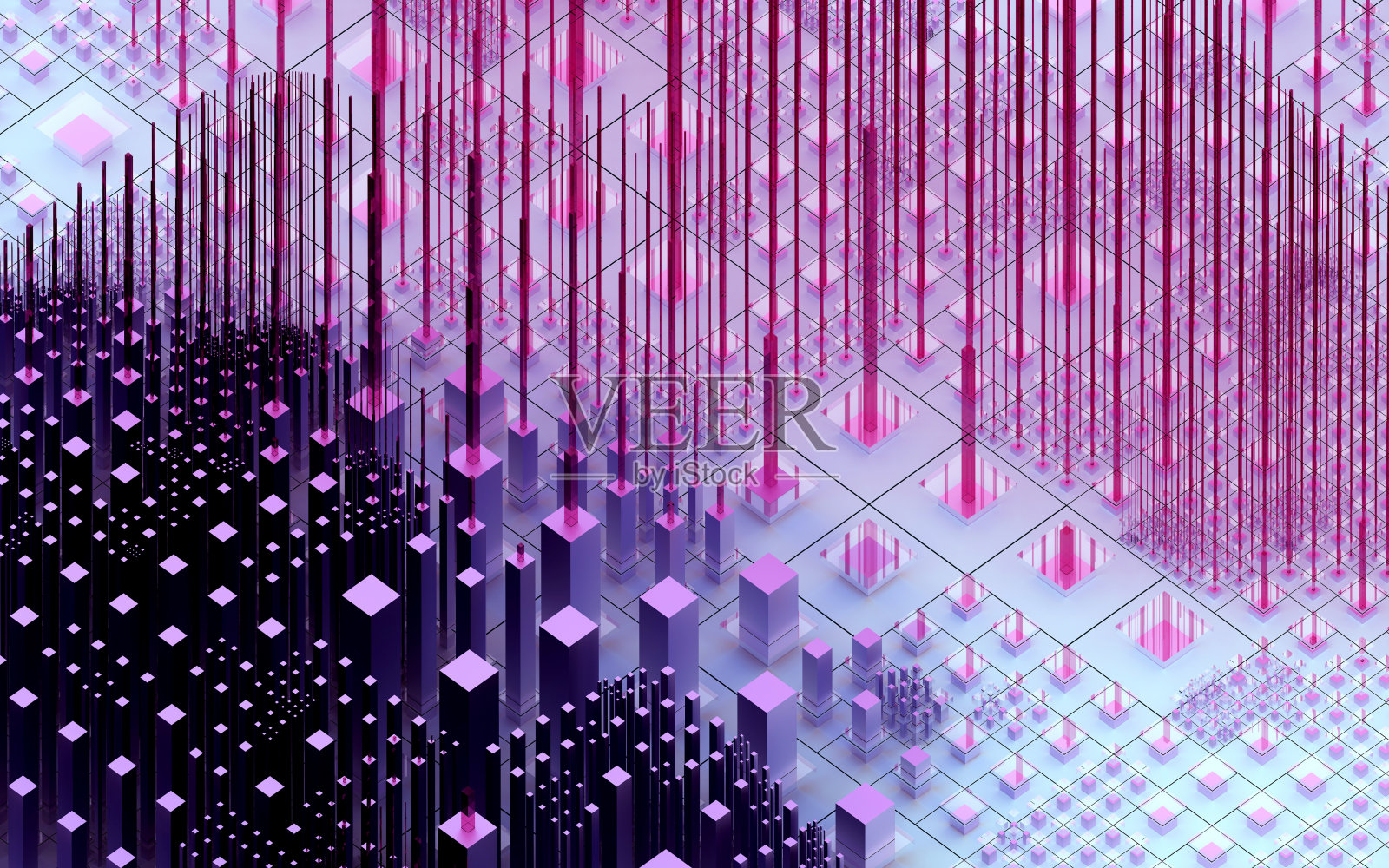 超现实的3d抽象艺术背景与硅谷的部分微芯片和晶体管基于不同大小的立方体，蓝色和紫色梯度颜色在等距视图照片摄影图片