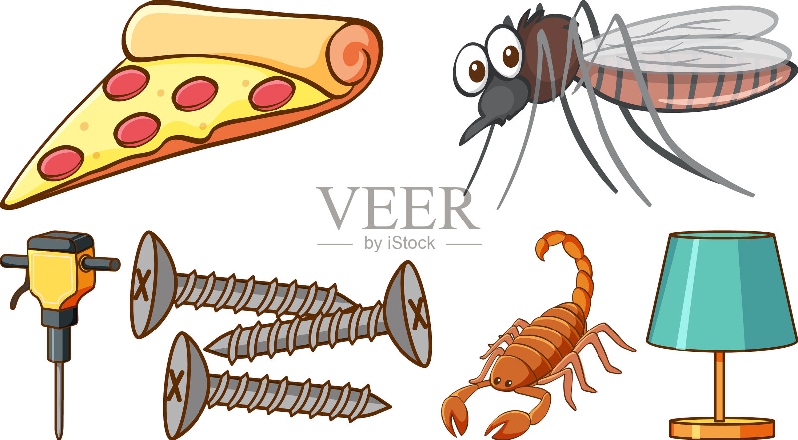 大型设置不同的动物和其他物体插画图片素材