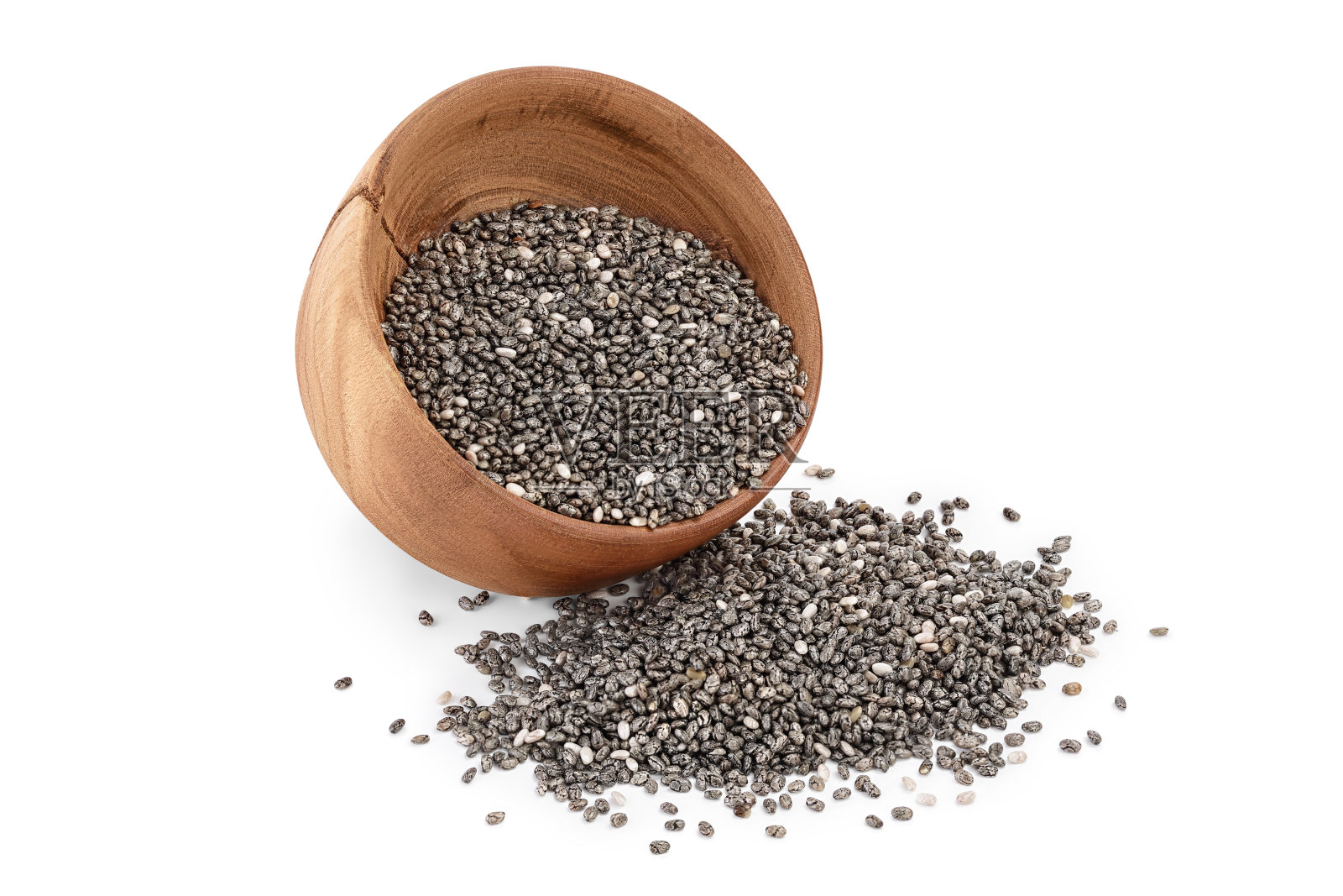 木碗里的奇亚种子被孤立在白色背景上，带有剪裁路径和全景深照片摄影图片