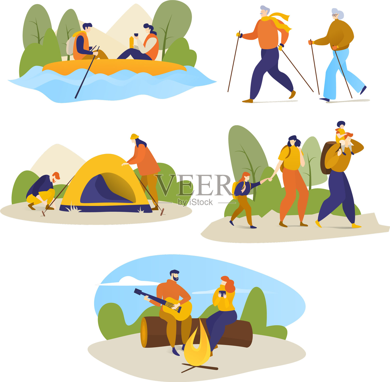 男人女人孩子徒步旅行户外插画图片素材