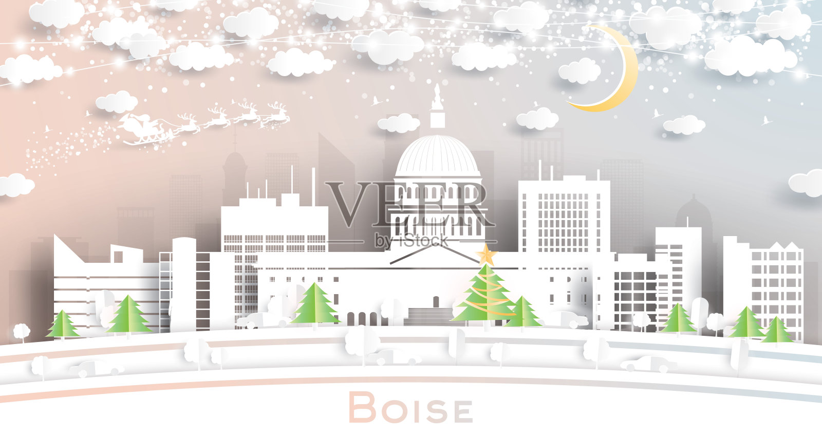 美国爱达荷州博伊西城市天际线剪纸风格的雪花，月亮和霓虹花环。插画图片素材