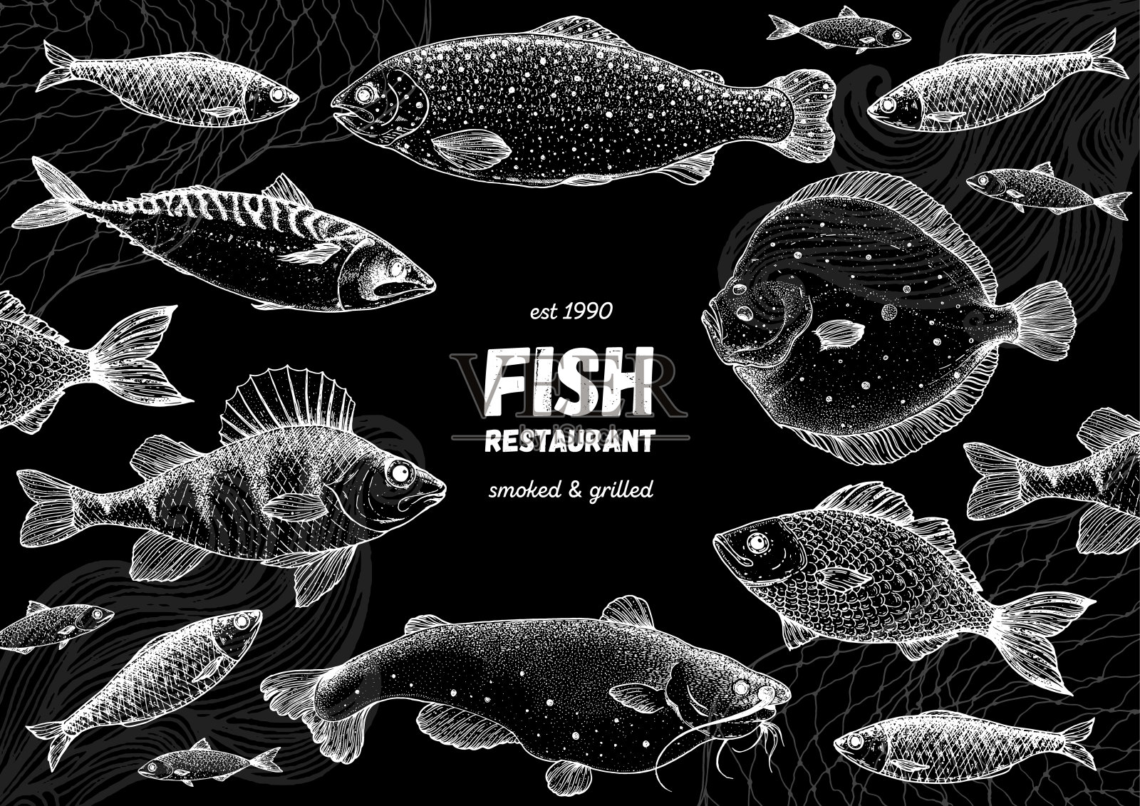 鱼素描集合。手绘矢量插图。海鲜框架矢量插图。食品菜单说明。手绘比目鱼，鲭鱼，鲈鱼，鲶鱼，鲷鱼。海和河的鱼。插画图片素材