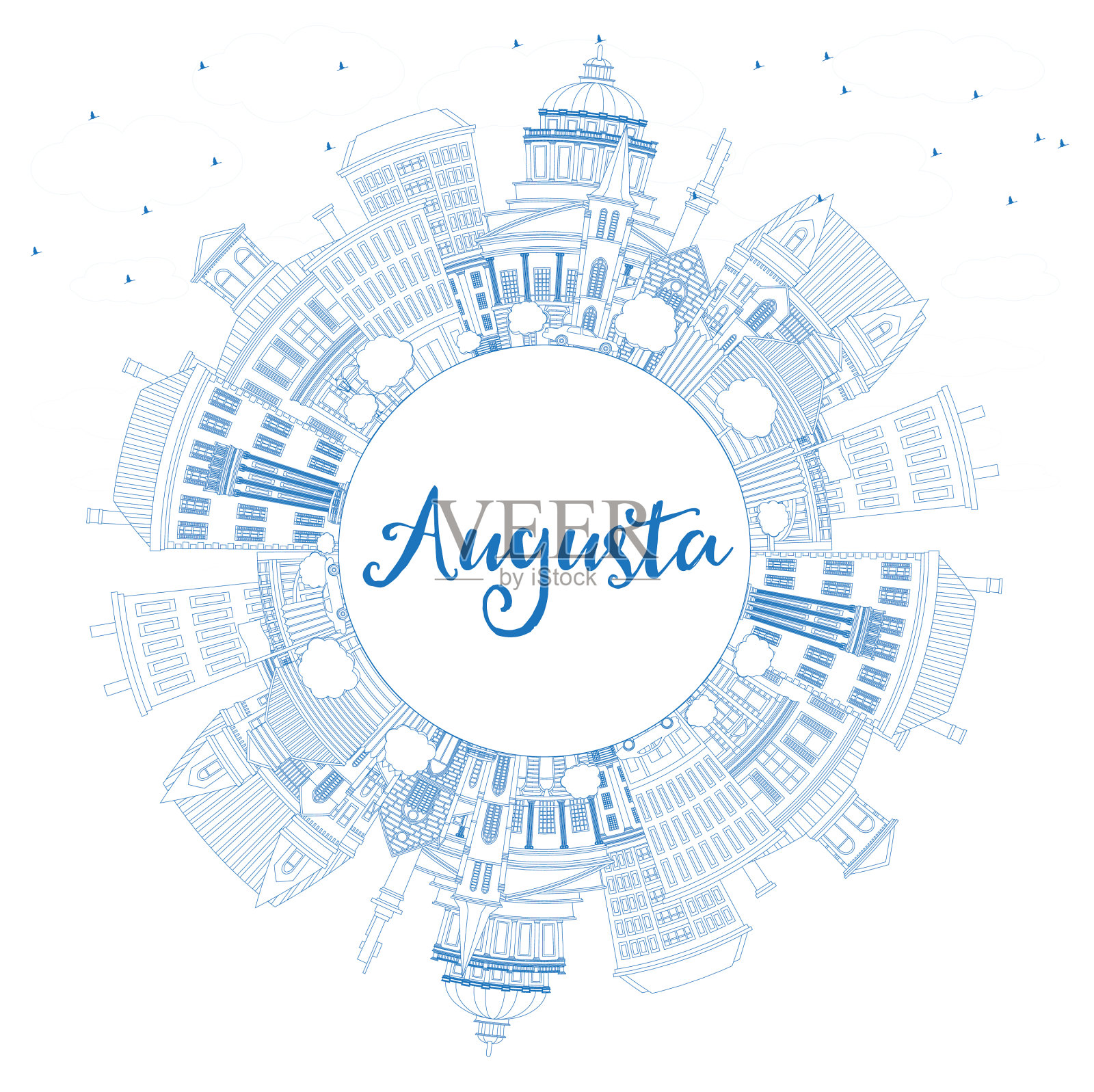 用蓝色勾勒出缅因州奥古斯塔市的天际线插画图片素材