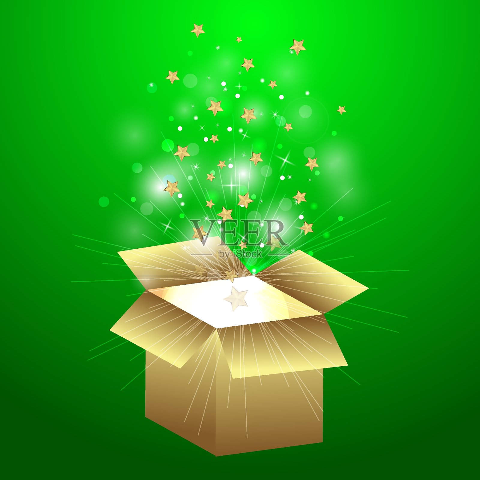 打开礼物与烟花从灯光背景。概念设计的魔盒。神奇的概念。新年。圣诞礼物。美丽的抽象图标与黄金魔术盒。生日庆祝活动。节日装饰模板。光背景。寒假。插画图片素材