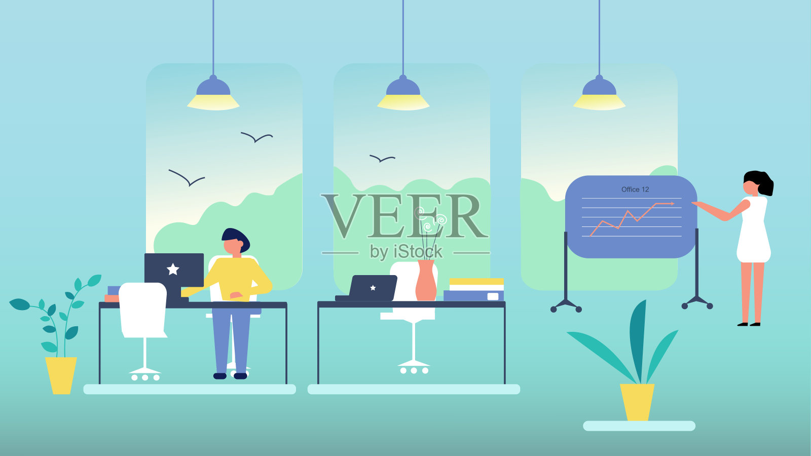 带有开放空间和人物插图的现代办公室插画图片素材