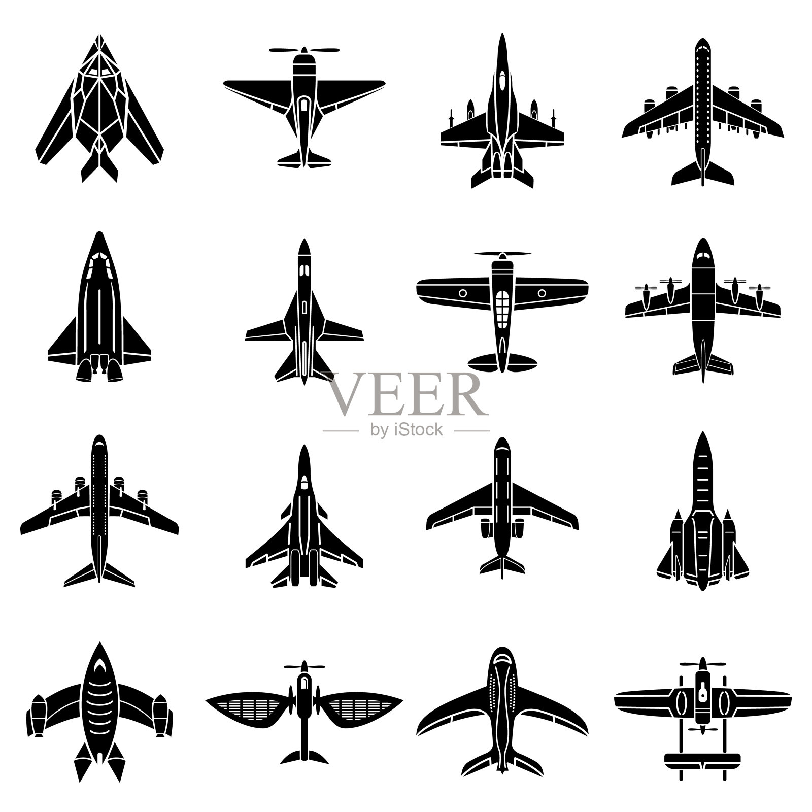 飞机俯视图图标设置，简单的风格插画图片素材